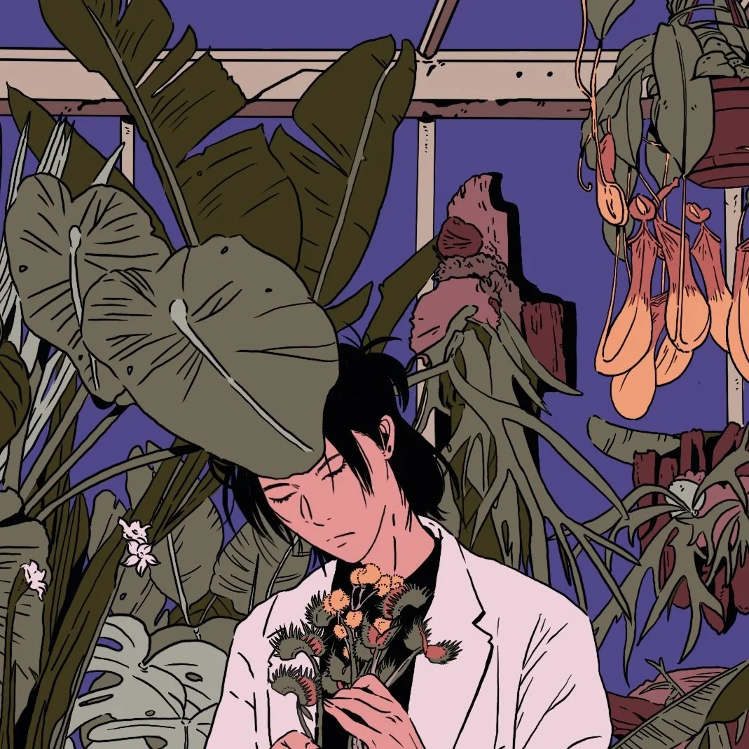 A person with black hair wearing a white coat in a lush indoor garden, holding a small flower.