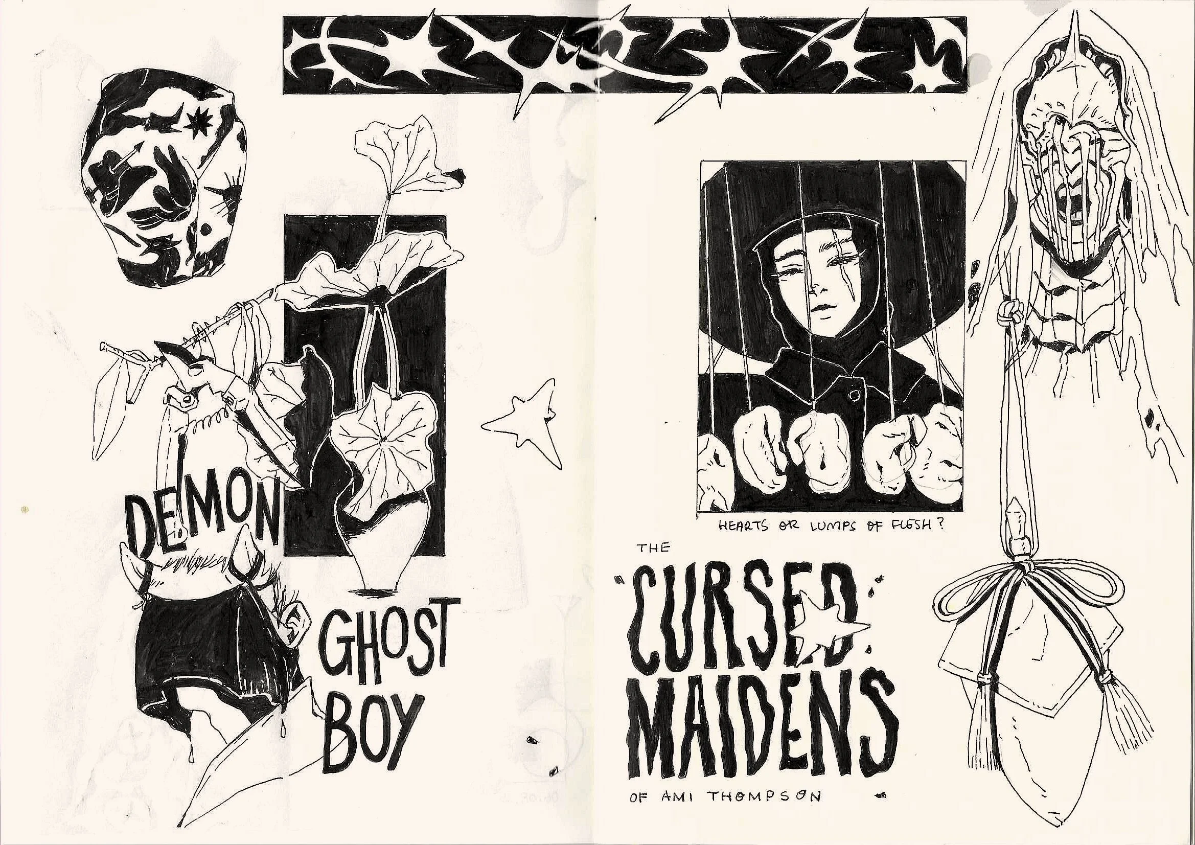 Black and white ink drawing of a person with long hair, wearing a hat, and holding a bouquet of flowers. The drawing includes various text elements related to a story or poem, with phrases like 'Demon Boy,' 'Ghost,' and 'Cursed.' There's also a bird 