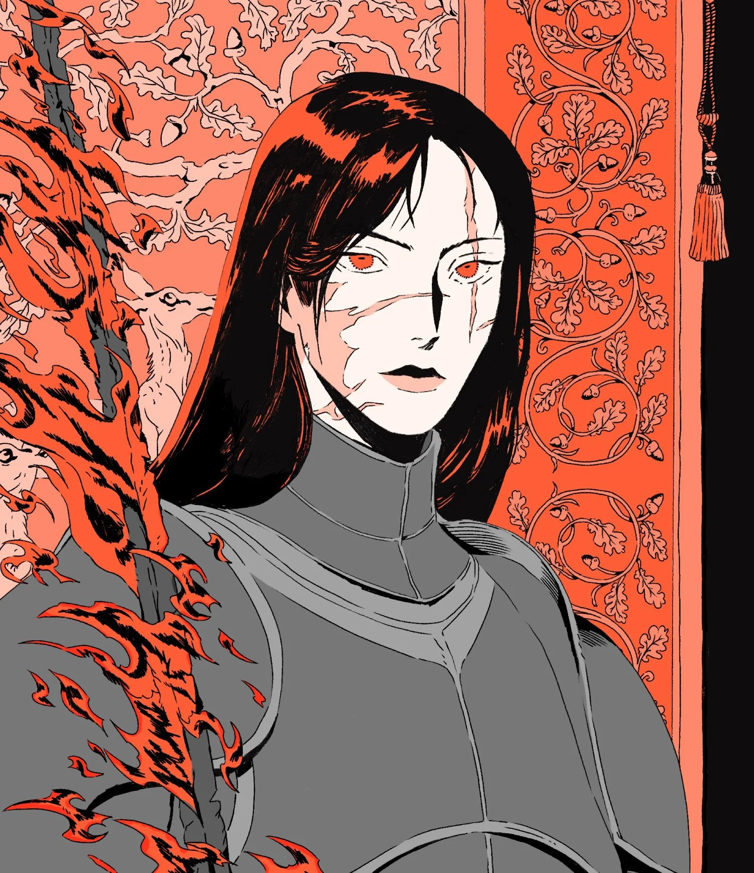 A drawn illustration of a woman with black hair and intense red eyes, wearing armor, standing against a decorative orange and red background with intricate floral patterns. A large tiger, illustrated in orange and black, is positioned on her left sid