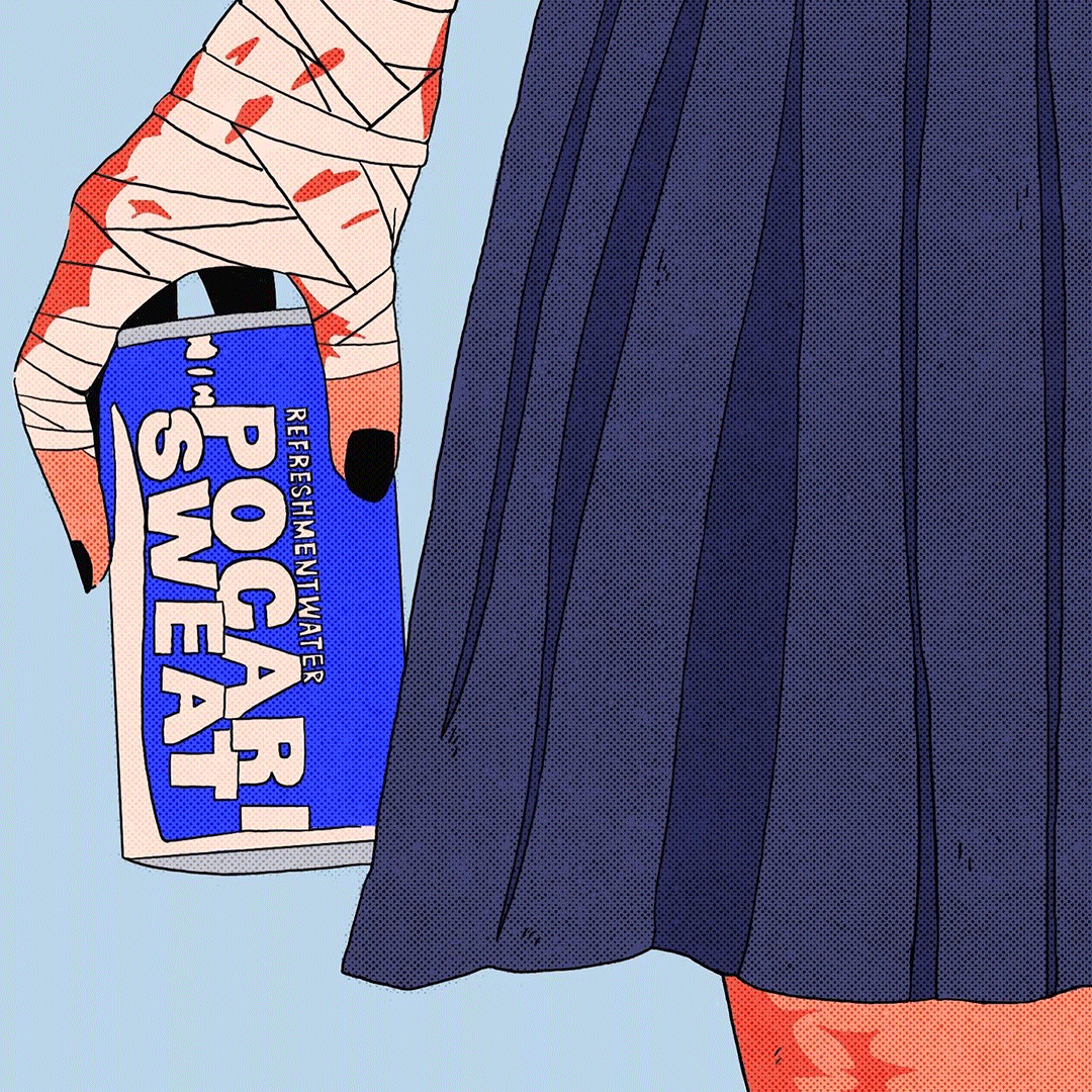 A person holding a blue can of Pocari Sweat flavored electrolyte drink, wearing a polka-dot long sleeve shirt and a pleated dark blue skirt.