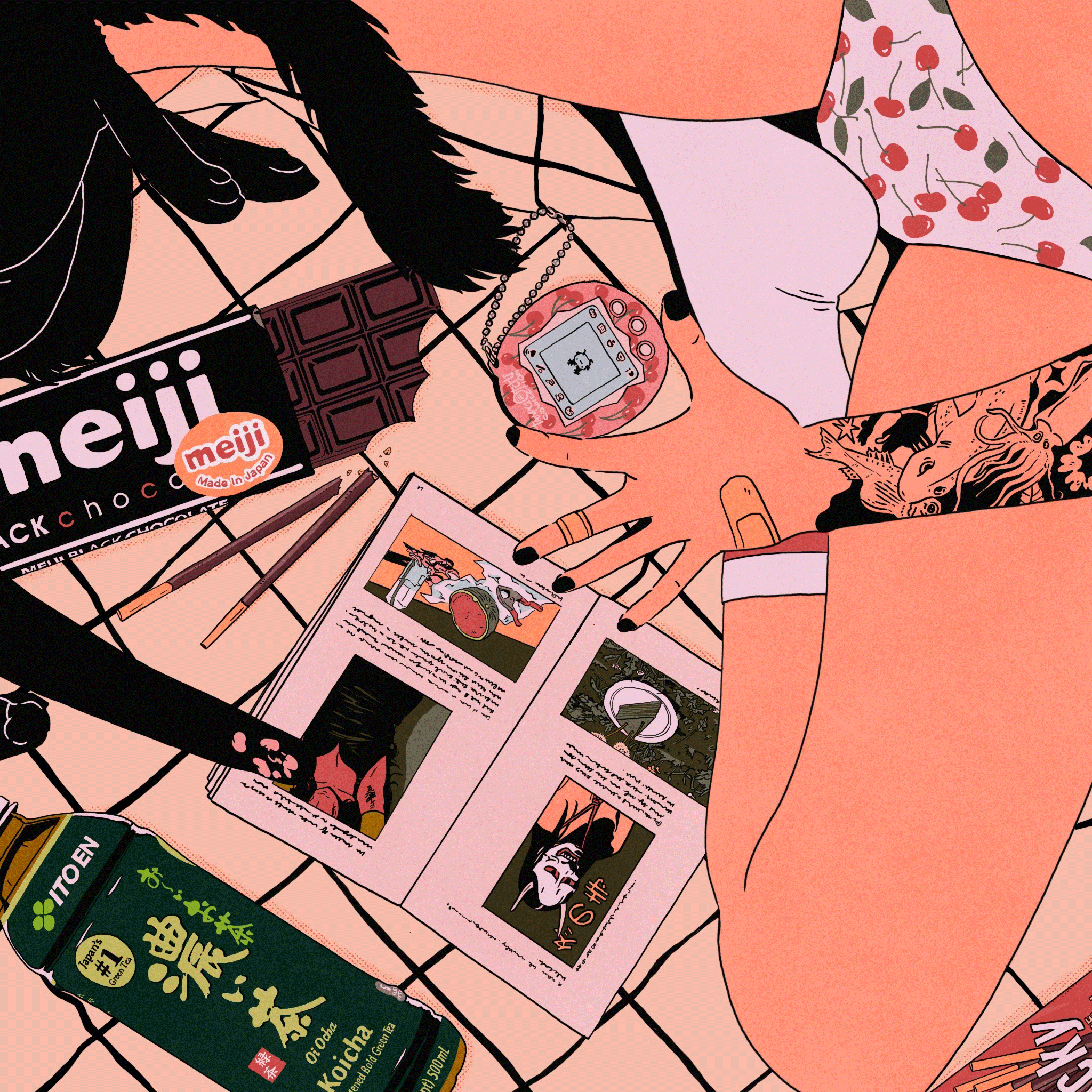 A person sitting at a table with various items including a chocolate bar, a tea box, a pamphlet, and other objects, with a warm-colored background.