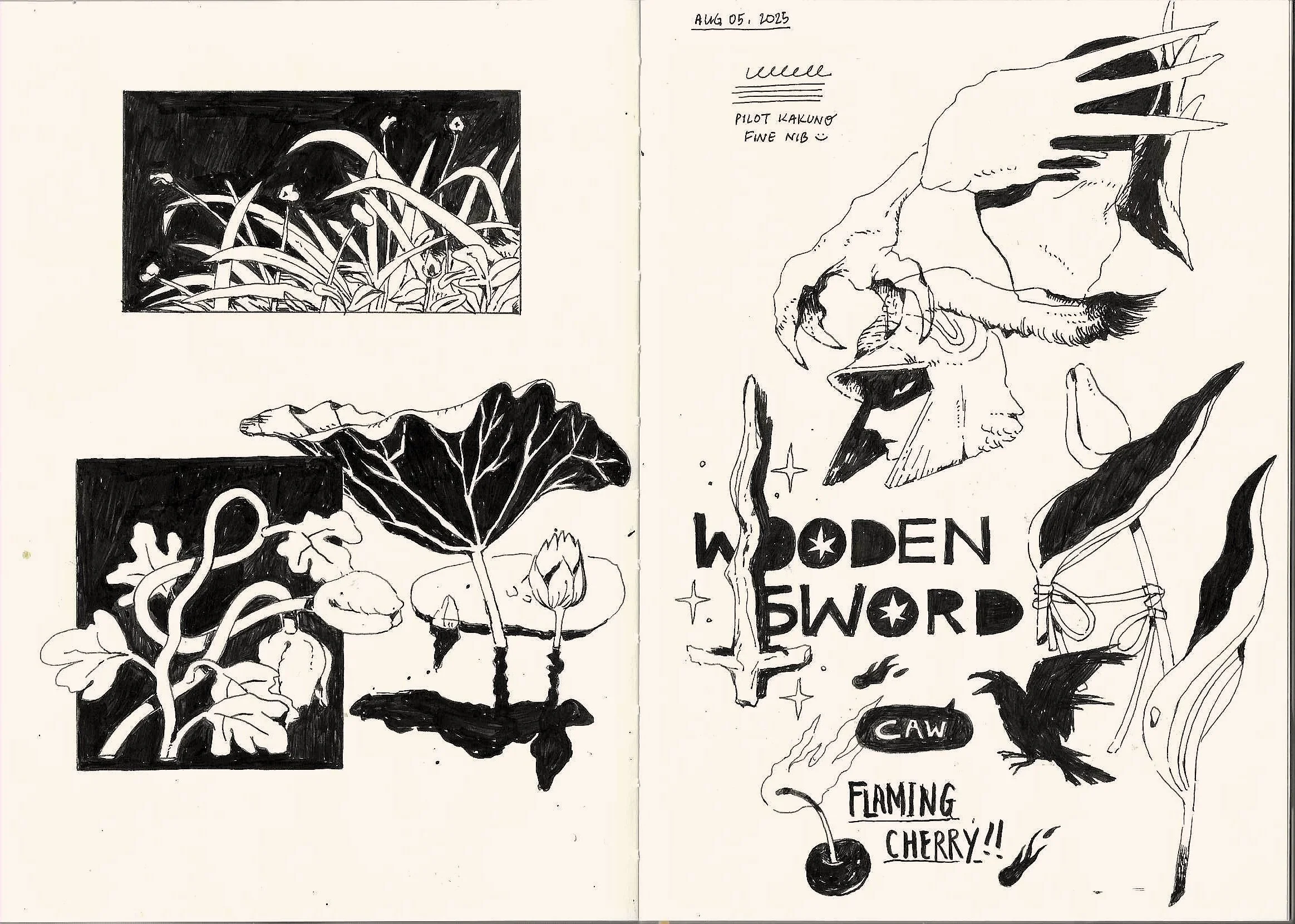 Black and white sketch of plants and a character with a beard, hat, and boots, holding a cherry.