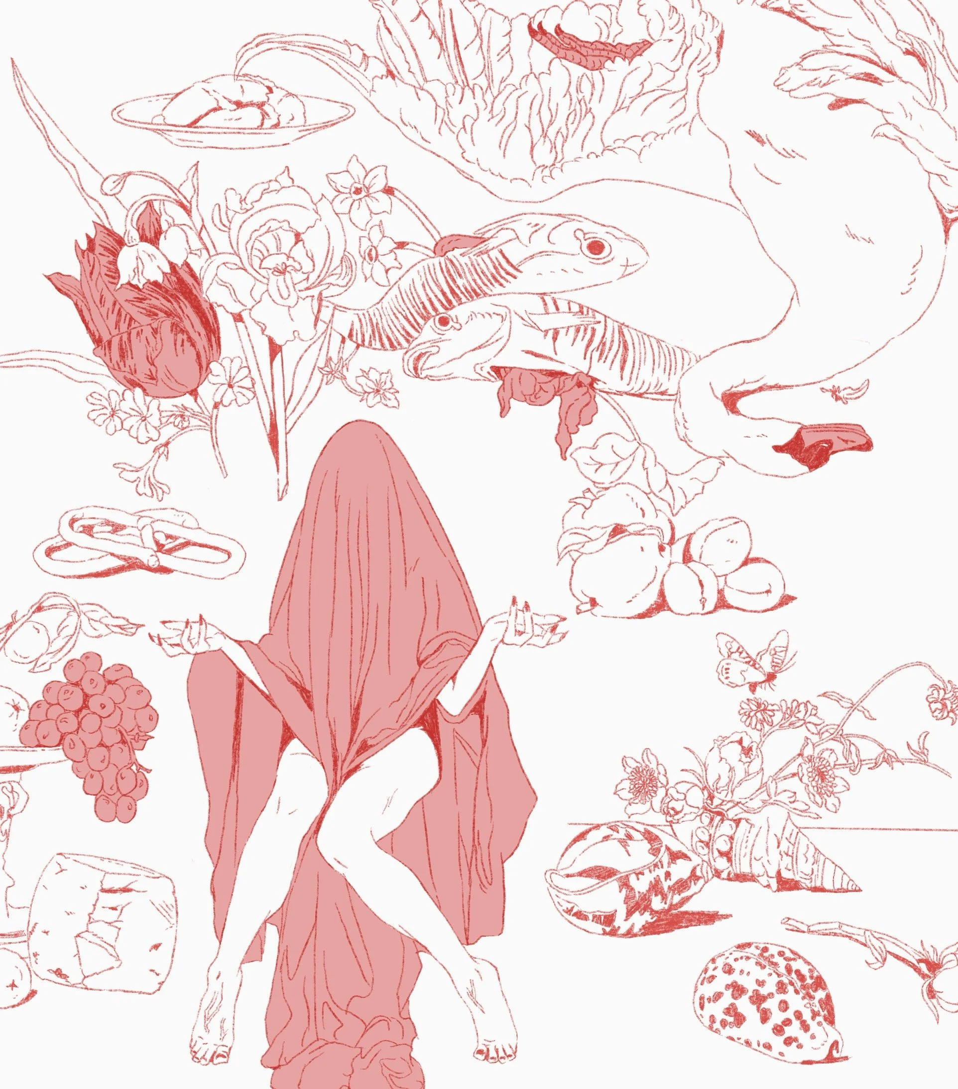 Line drawing of a central figure dressed in a long flowing robe with hands raised in a gesture, surrounded by various animals, plants, and objects including a crocodile, butterflies, a mushroom, berries, flowers, and a bird, all depicted in shades of