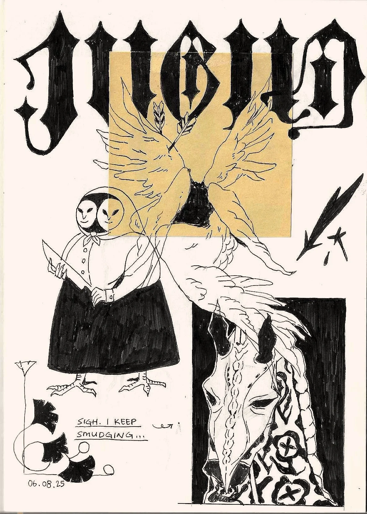 A black and white drawing featuring a large owl with outspread wings, holding an arrow in its beak, and a girl wearing a dress and a mask with a bow, holding a knife. The drawing includes various symbols, a star, and a lightning bolt, with the date '