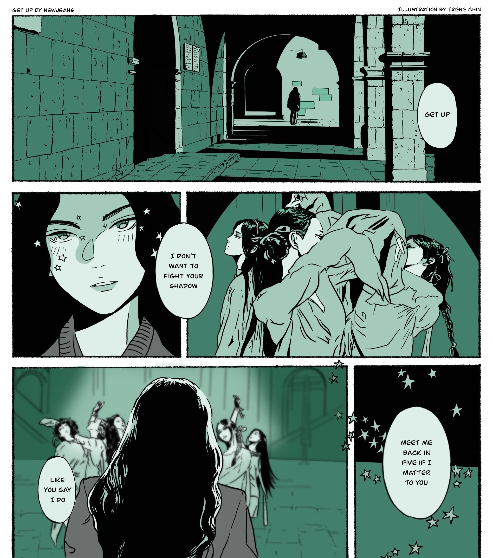 A comic strip featuring a dark, arched alleyway with a single person walking away, and a scene inside a room with multiple people and dialogue balloons expressing feelings of love and reassurance.