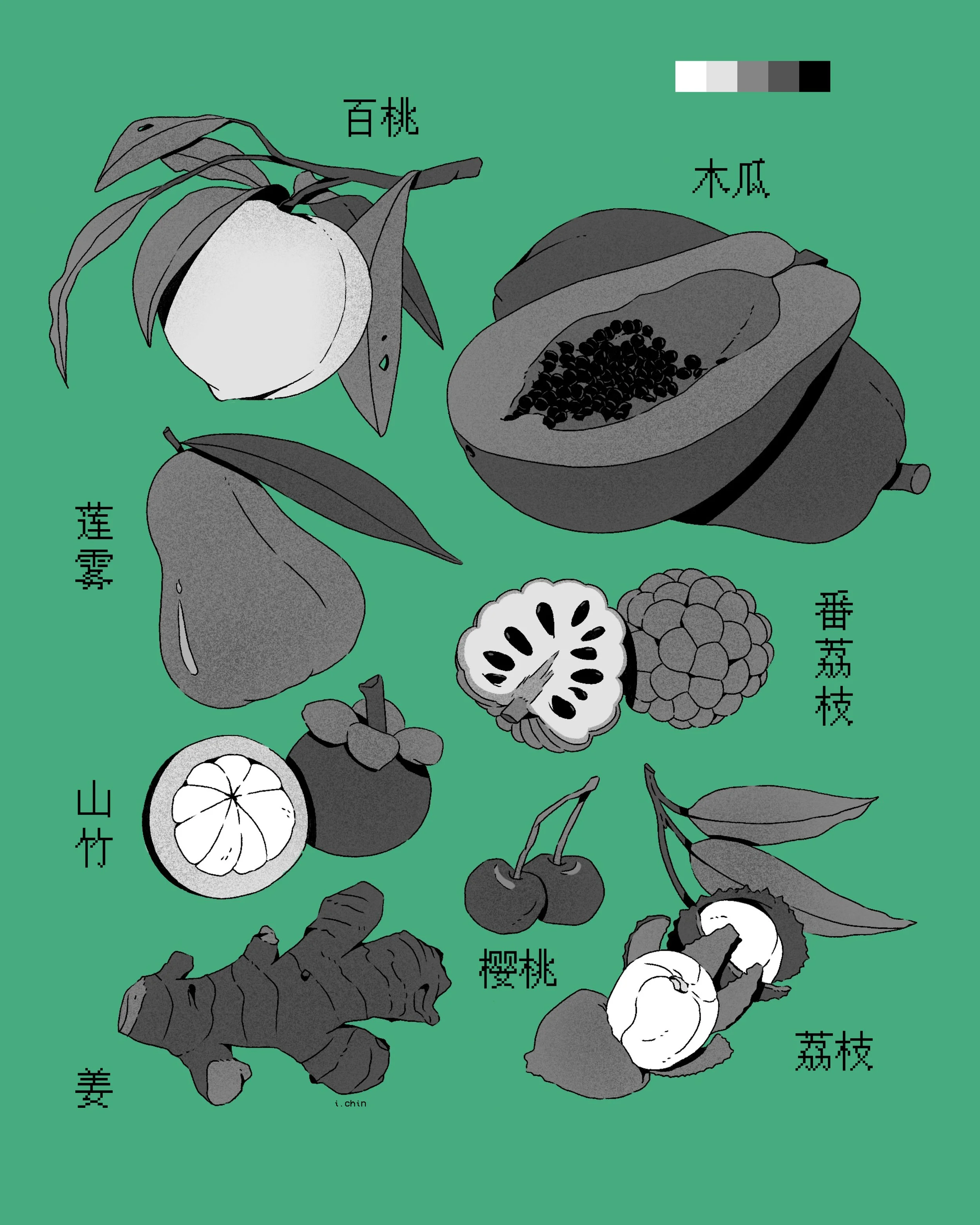 Illustration of various fruits, vegetables, and plants labeled with Chinese characters on a green background.