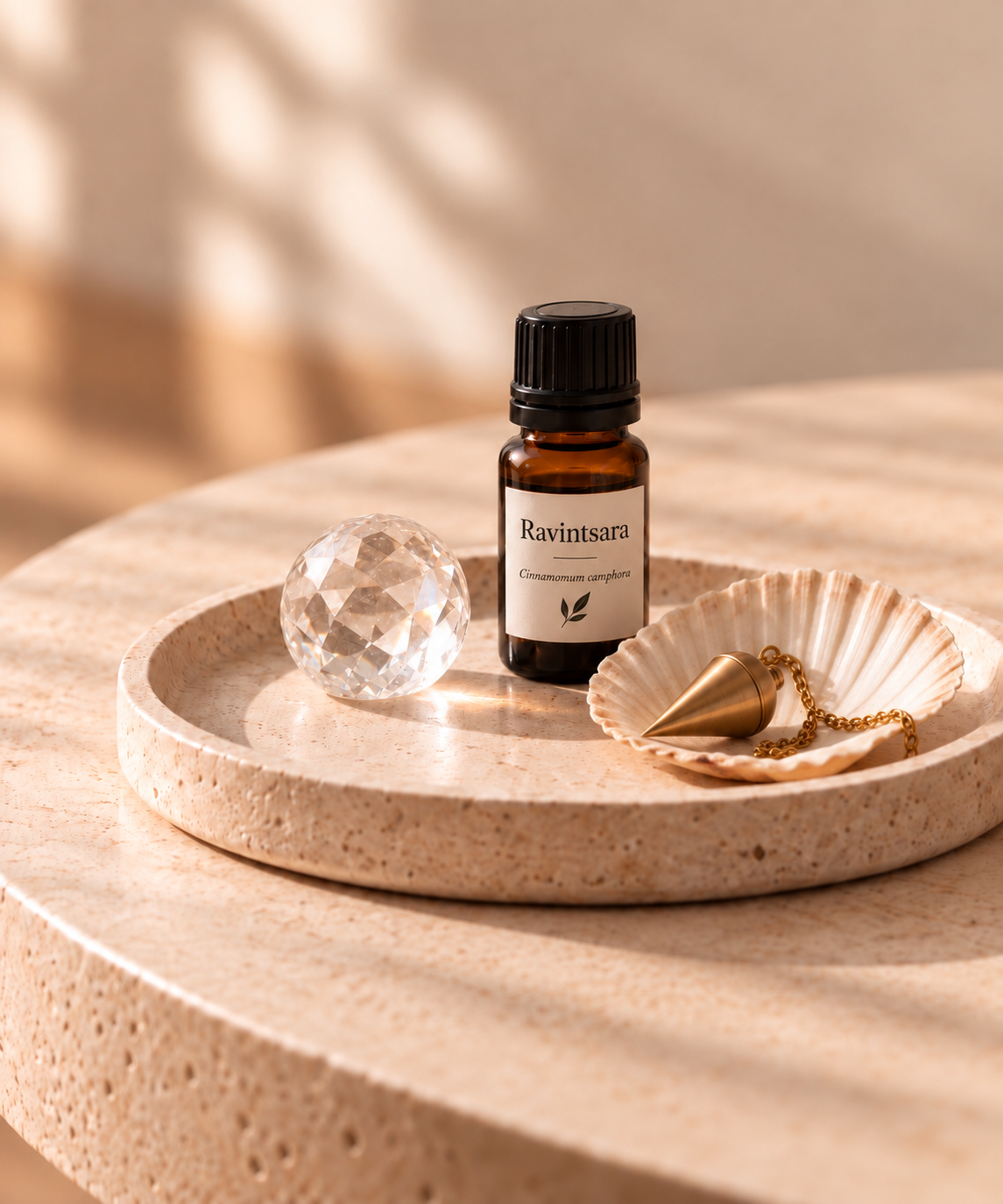 Une bouteille d'huile essentielle Ravintsara (Cinnamomum camphora) sur un plateau en céramique, accompagnée d'une boule en cristal et d'une petite coquille avec une pendule en forme de cône en métal doré, dans un décor doux et lumineux.