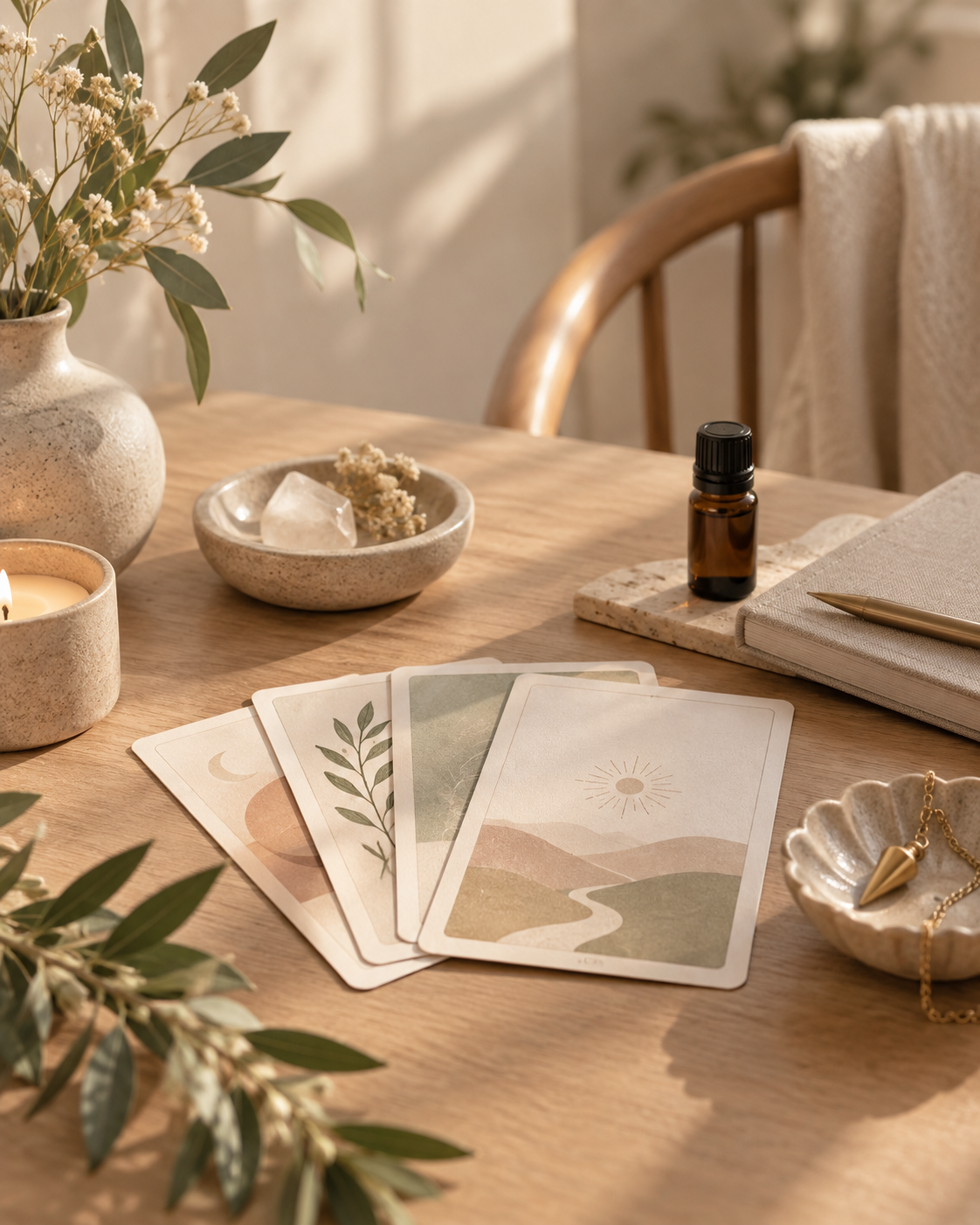 Tarot sur une table en bois avec cartes suspendant un paysage de nature, bougie, huiles essentielles, livre, et accessoires de décoration
