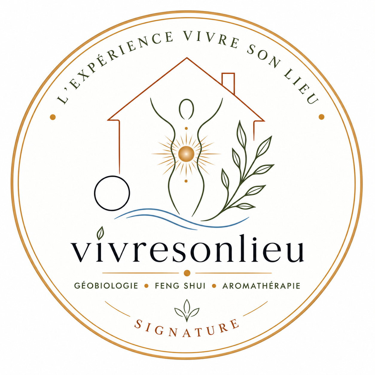 Logo circulaire de Vivresonlieu avec un dessin de maison, une branche, un cercle, et un symbole de Chi. Include le texte "L'expérience vivre son lieu", "Géobiologie, Feng Shui, Aromathérapie" et "Signature".