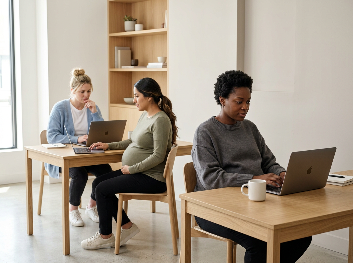 Three women working on laptops in a bright, minimalist office with wooden furniture and shelves. One pregnant woman is sitting at a table, while the other two are at adjacent tables, focused on their devices.