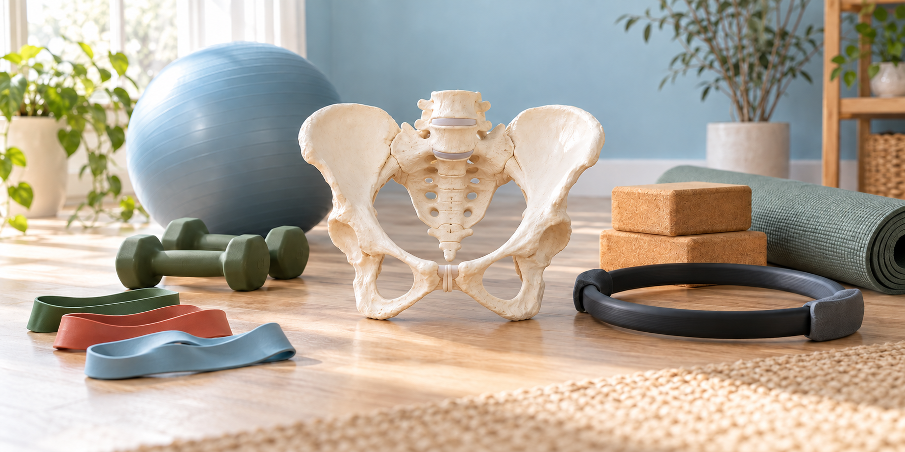 Anatomical pelvis model surrounded by pelvic health exercise equipment