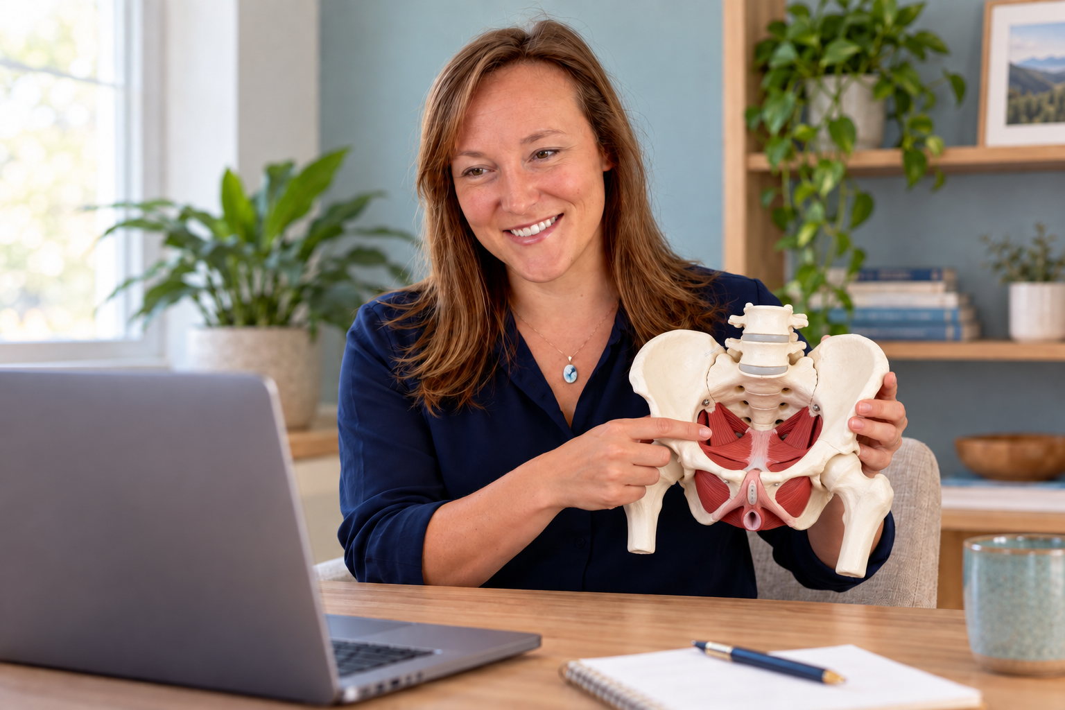Dr. Elisha N. Gulledge with long, brown hair holding a pelvis model and pointing to red muscles in the pelvis, sitting at a desk with a laptop, notebook, and pen in front of her, in a well-lit room with books and plants in the background.