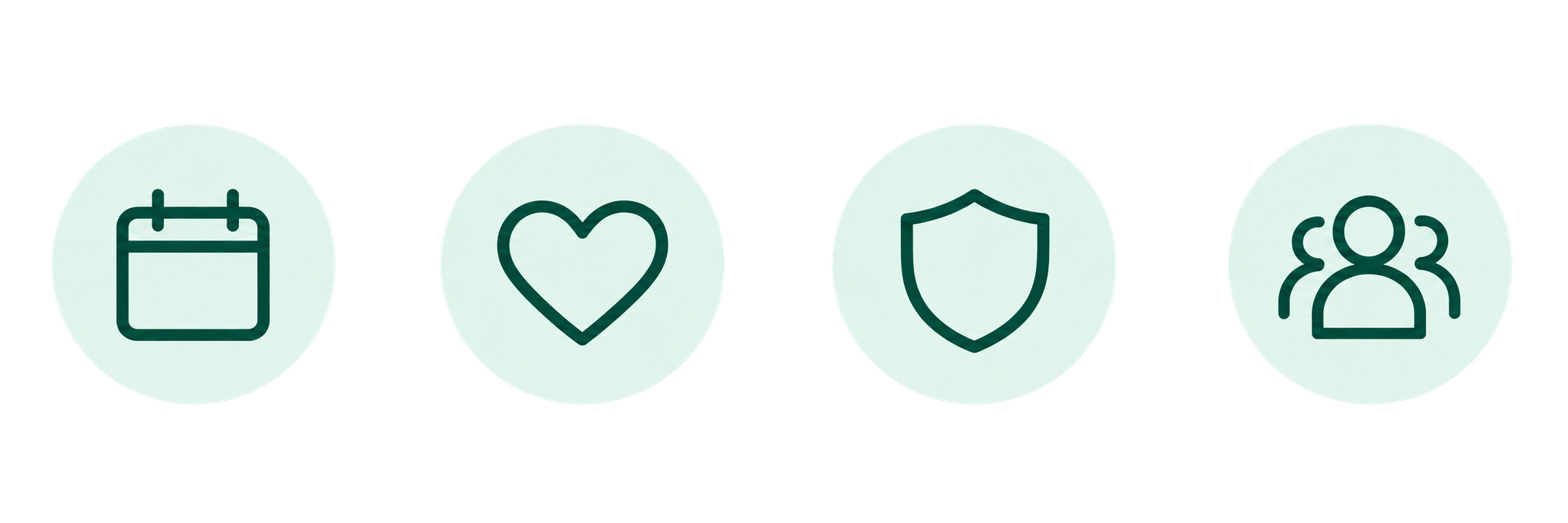 Flowchart with four icons: a calendar, a heart, a shield, and a group of three people.