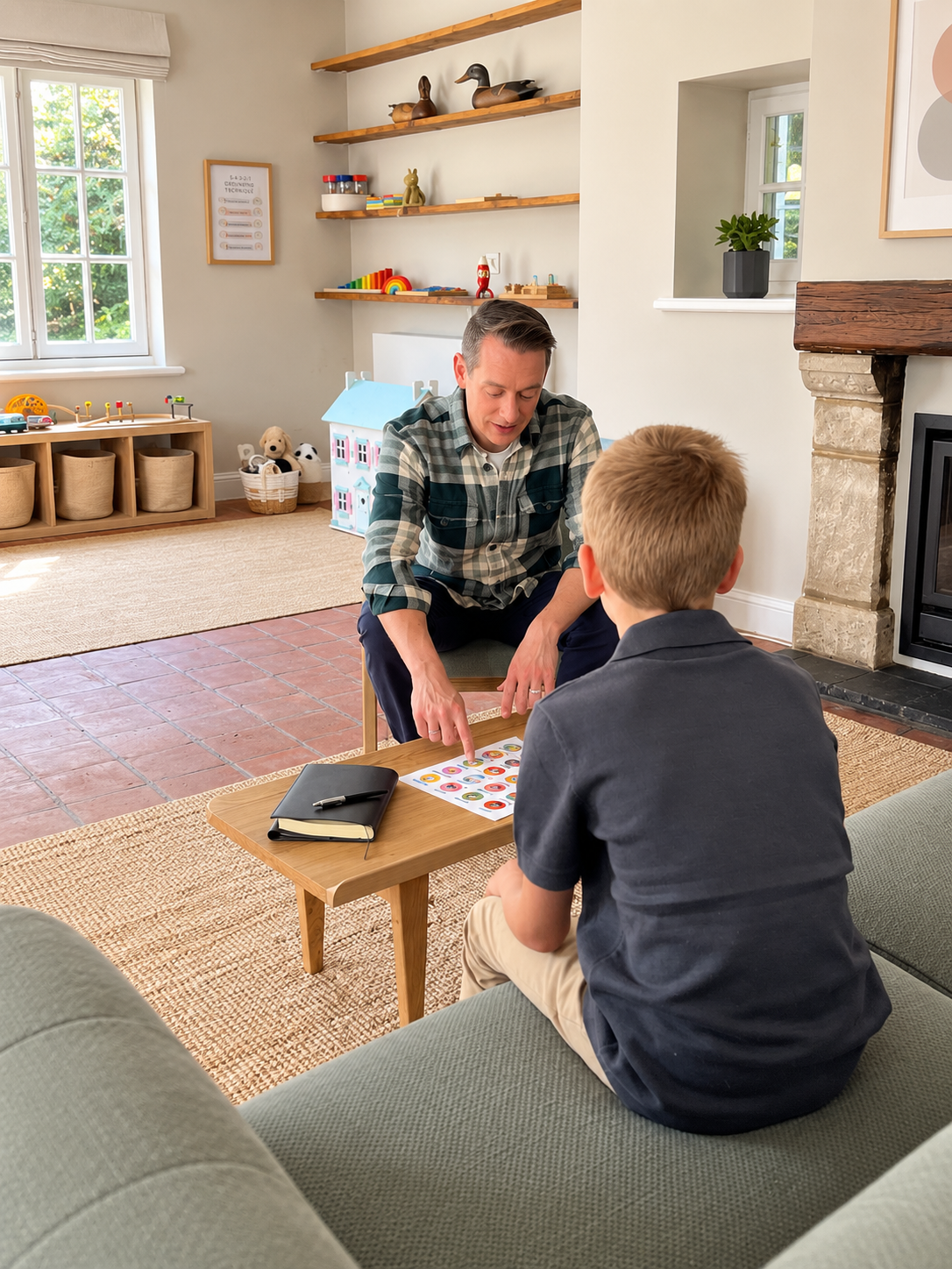 Clinical psychologist and child playing a therapeutic game during a session.