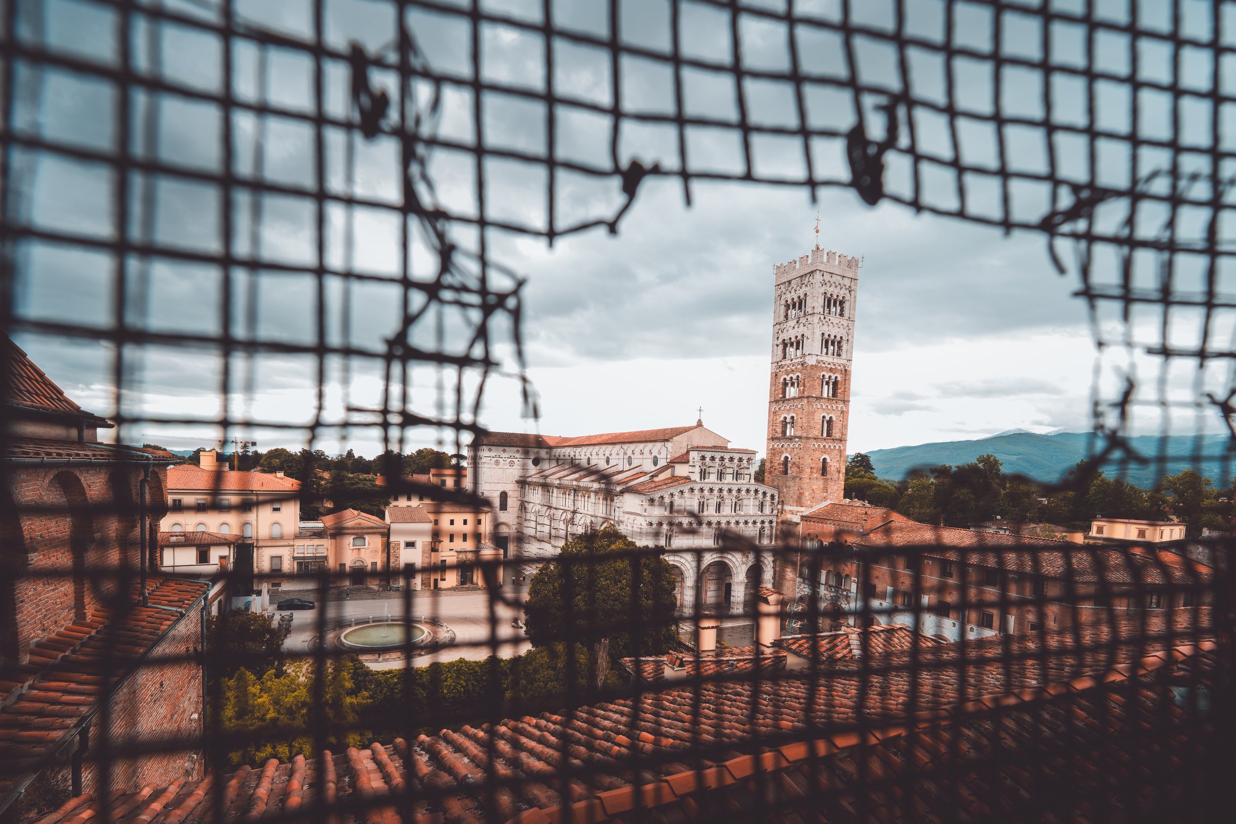 Uitzicht op de Dom van Pisa gezien door een versleten metalen raamwerk, met een Romeinse toren op de achtergrond en de tuin rondom de gebouwen.