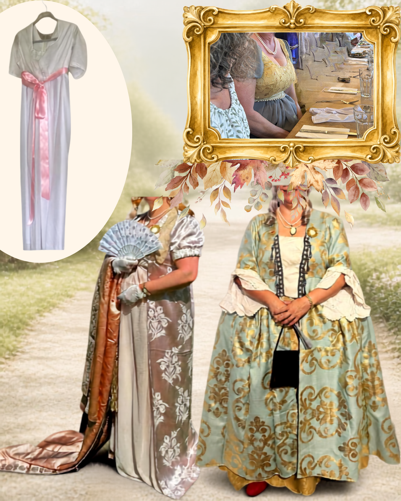 A large vintage-style golden picture frame surrounds a scene with women dressed in 18th-century style clothing, standing outdoors on a path, with a decorated table set for a meal in the background.