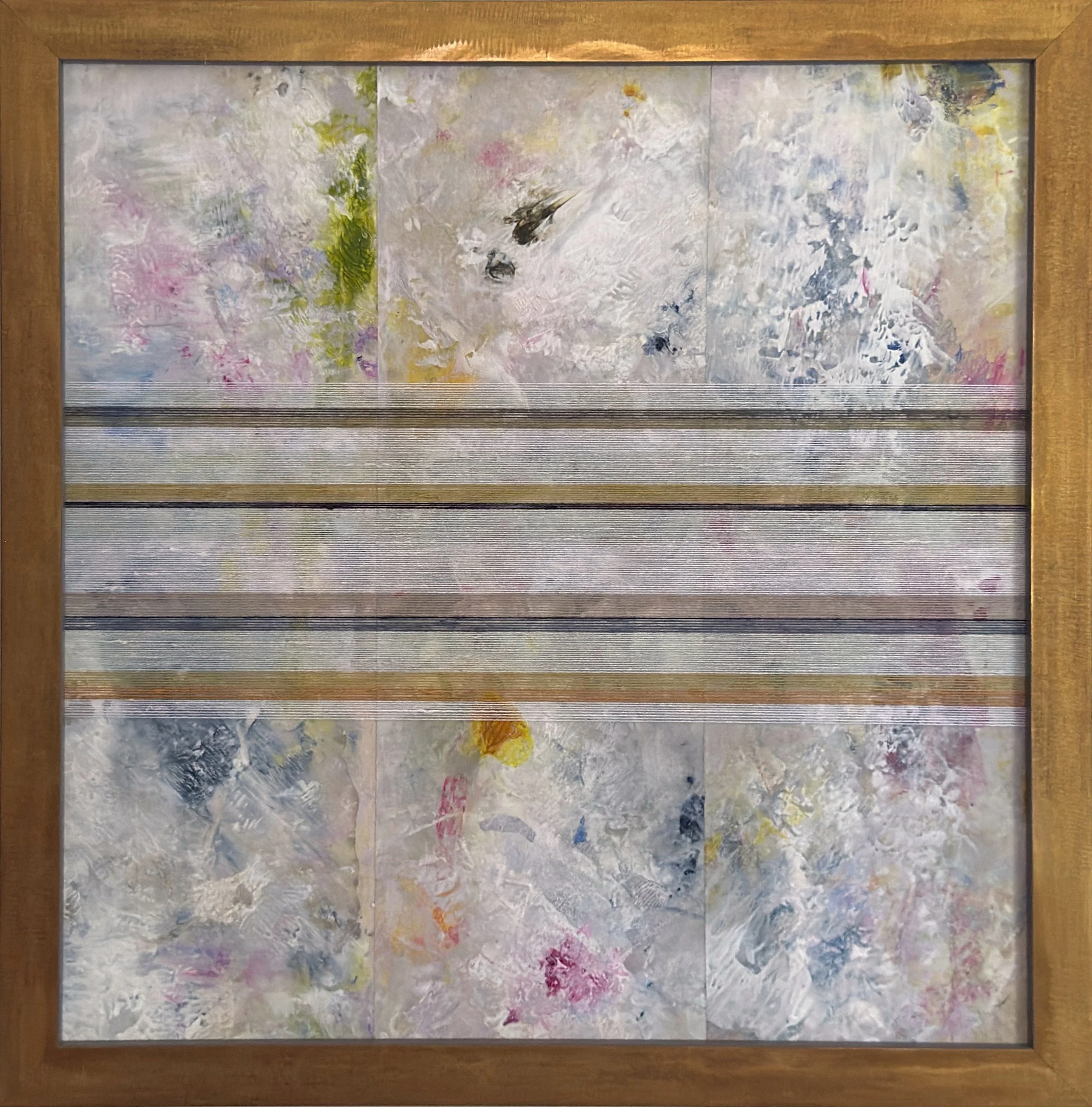 Awake 2, 2026
Acrylic, collage, linen thread on panel
12 × 12 in.