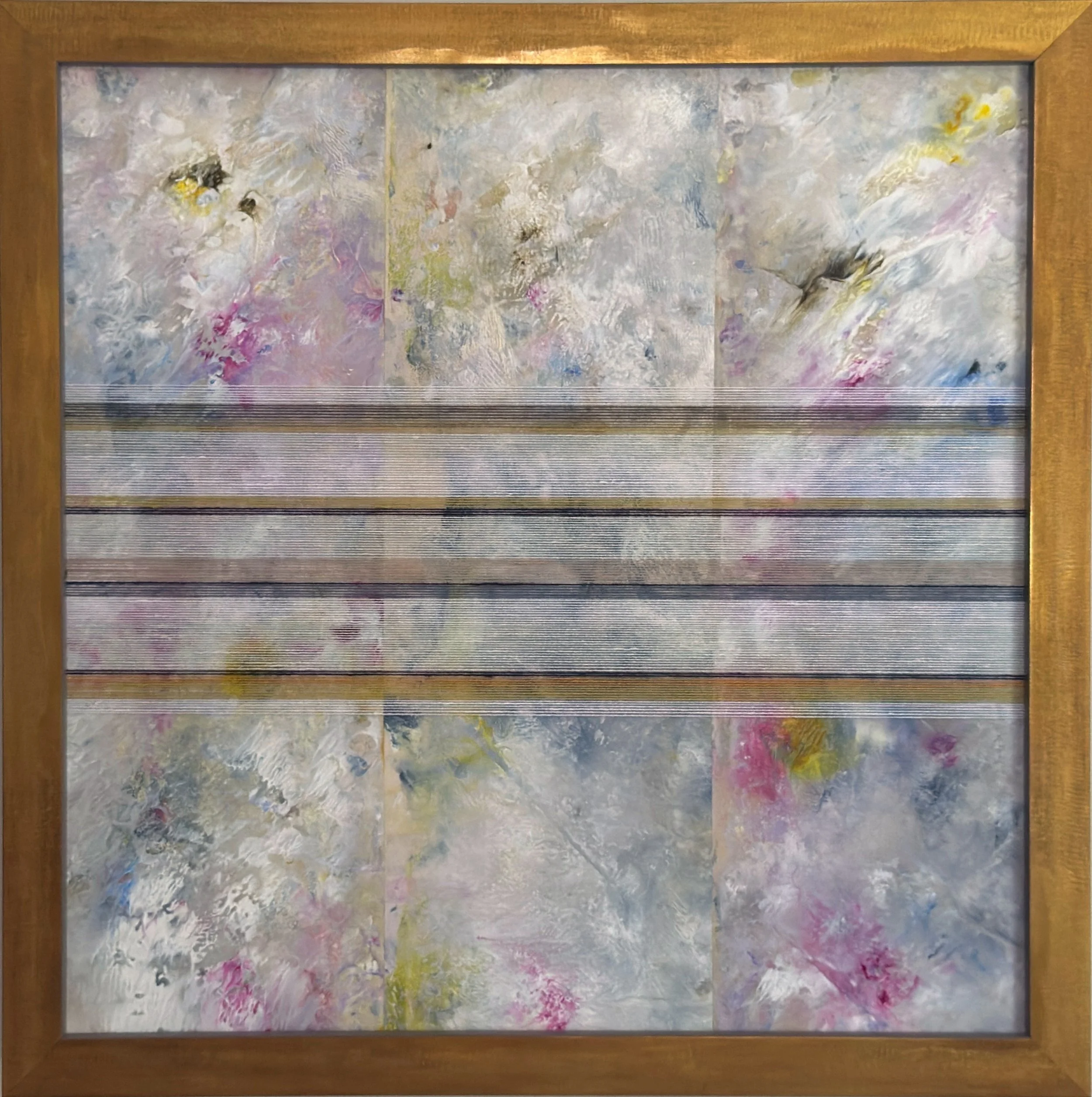 Awake 3, 2026
Acrylic, collage, linen thread on panel
12 × 12 in.