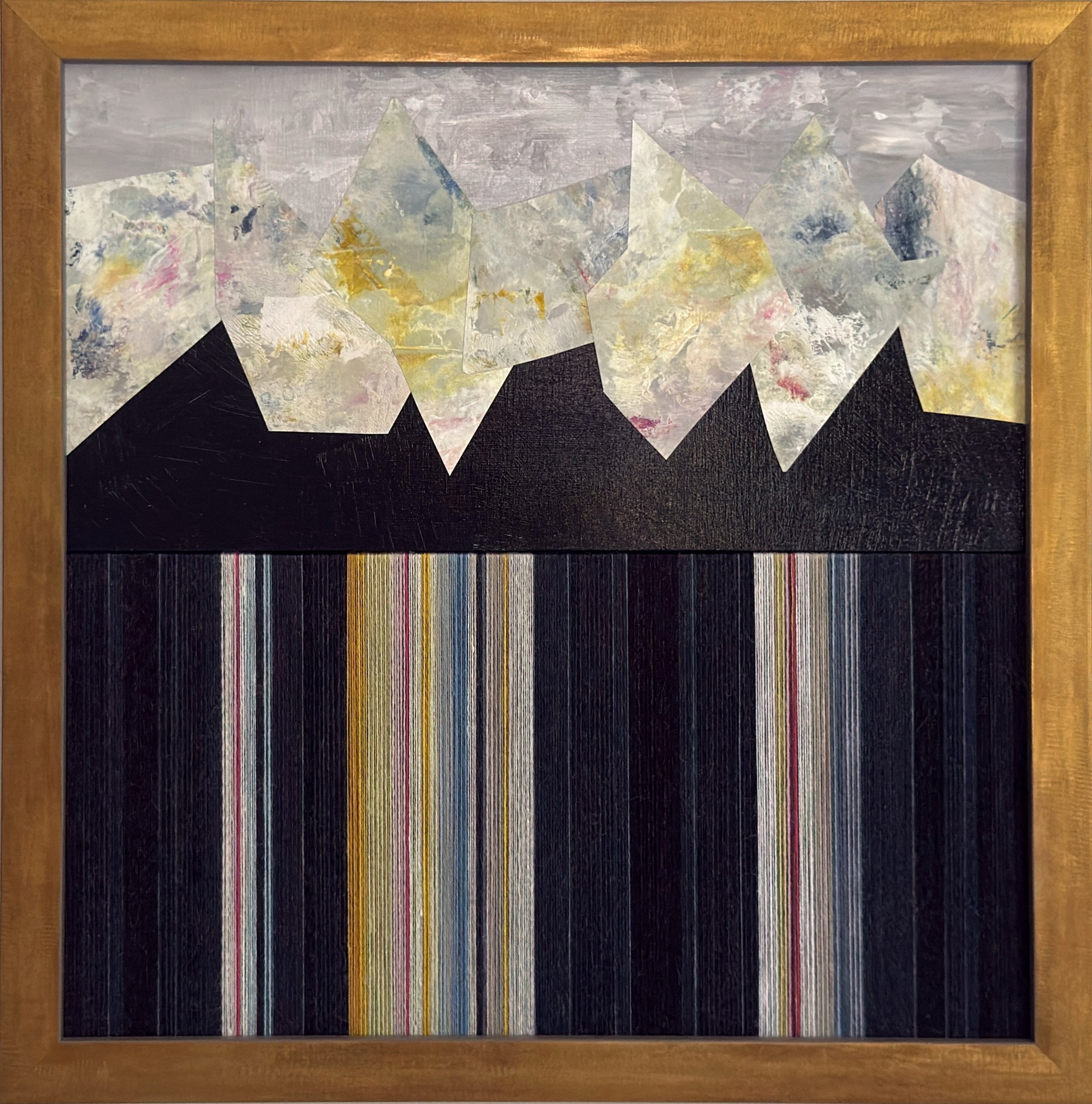 Lifeline 2, 2026
Acrylic, collage, wool and linen thread on two panels. 
12 × 12 in.