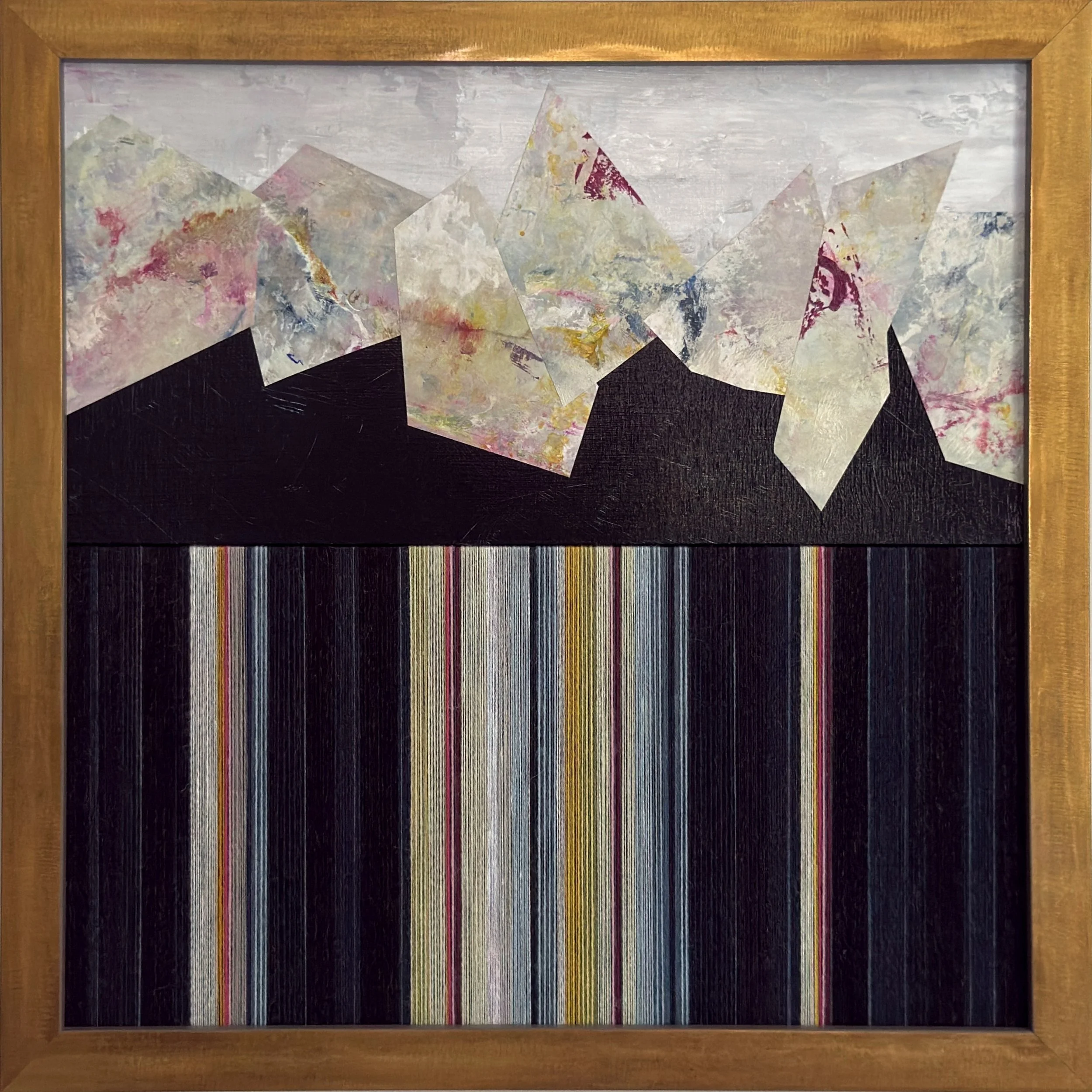 Lifeline 1, 2026
Acrylic, collage, wool and linen thread on two panels. 12 × 12 in.