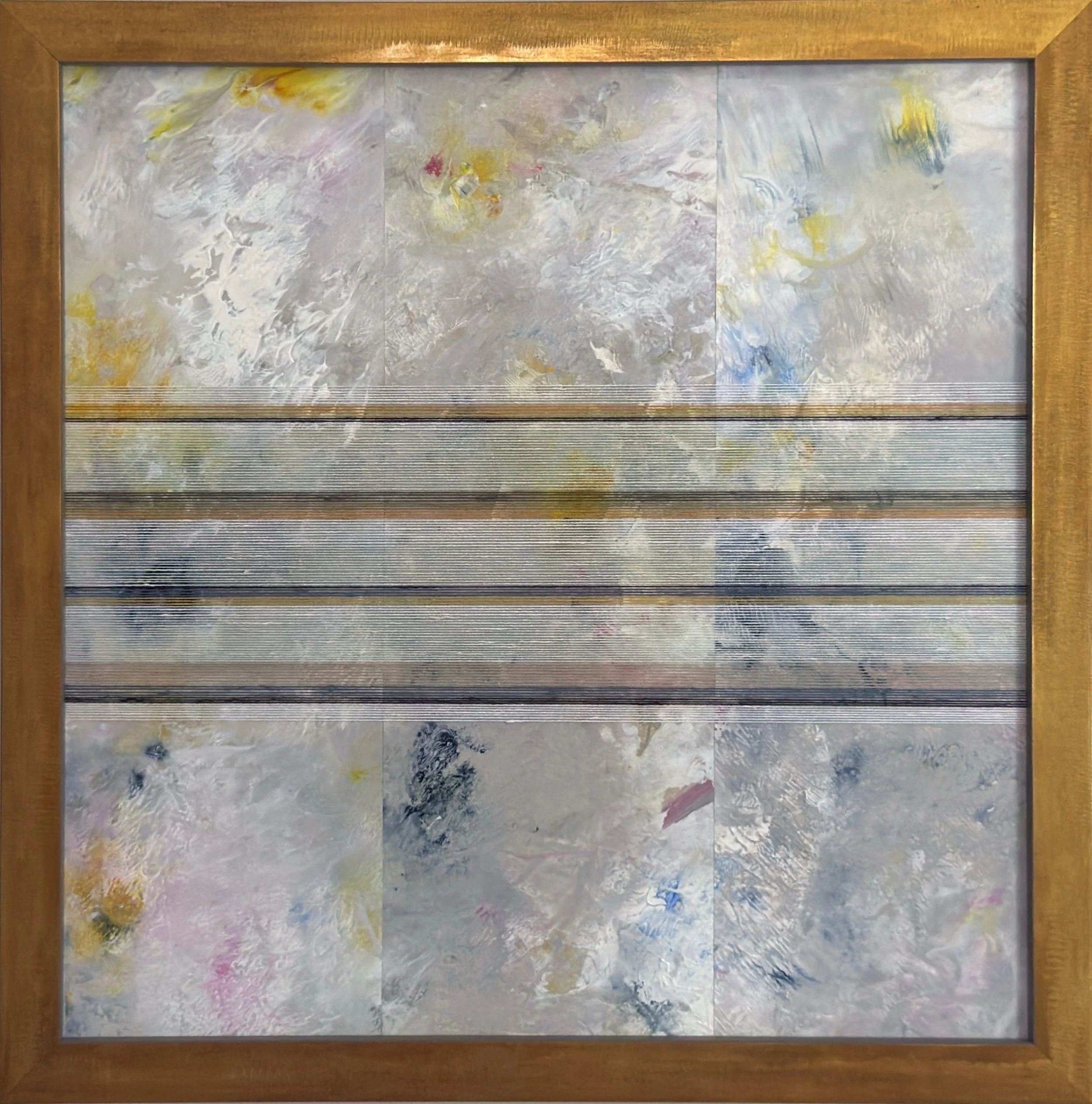 Awake 4, 2026
Acrylic, collage, linen thread on panel
12 × 12 in.