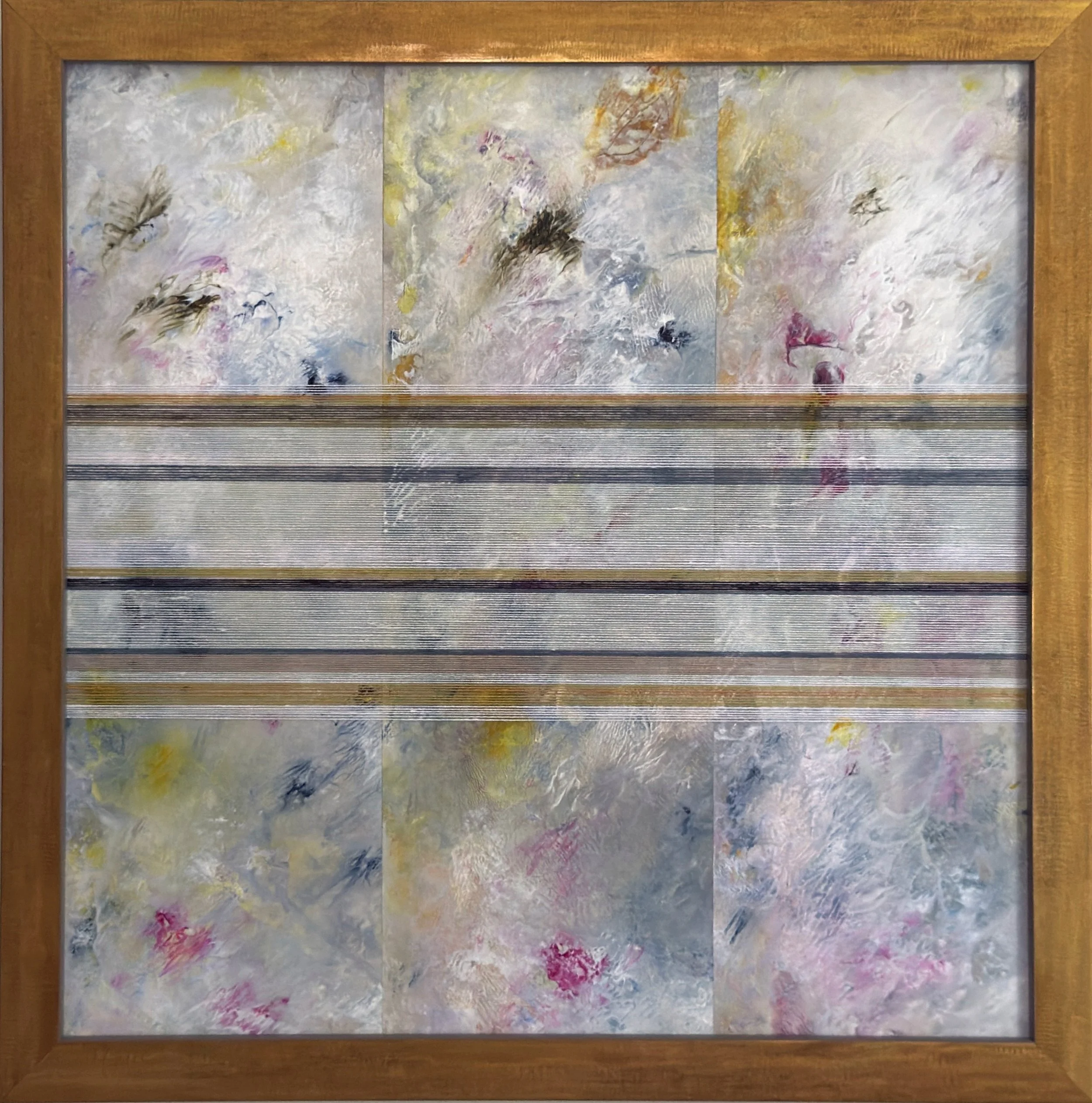 Awake 1, 2026
Acrylic, collage, linen thread on panel
12 × 12 in.