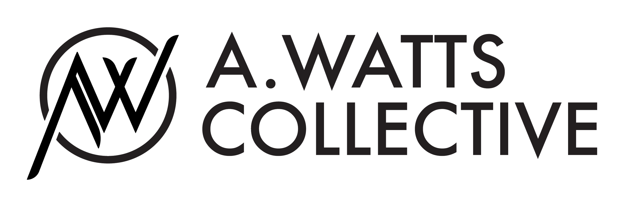 The logo of A. WATTS COLLECTIVE featuring a circular design with stylized initials and the name written next to it.
