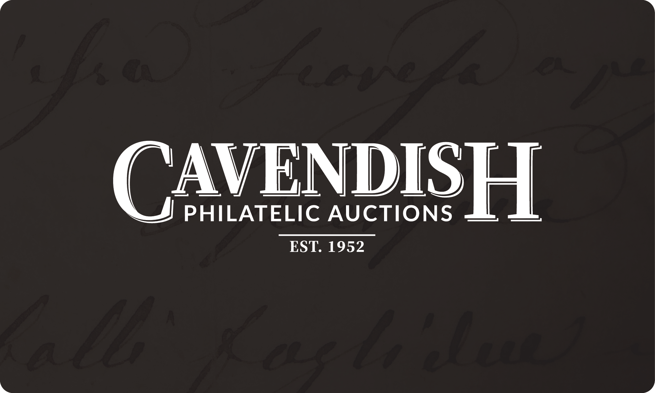 Dark background and stylised text. Overlaid text says 'Cavendish Philatelic Auctions, Established 1952' in logo form.