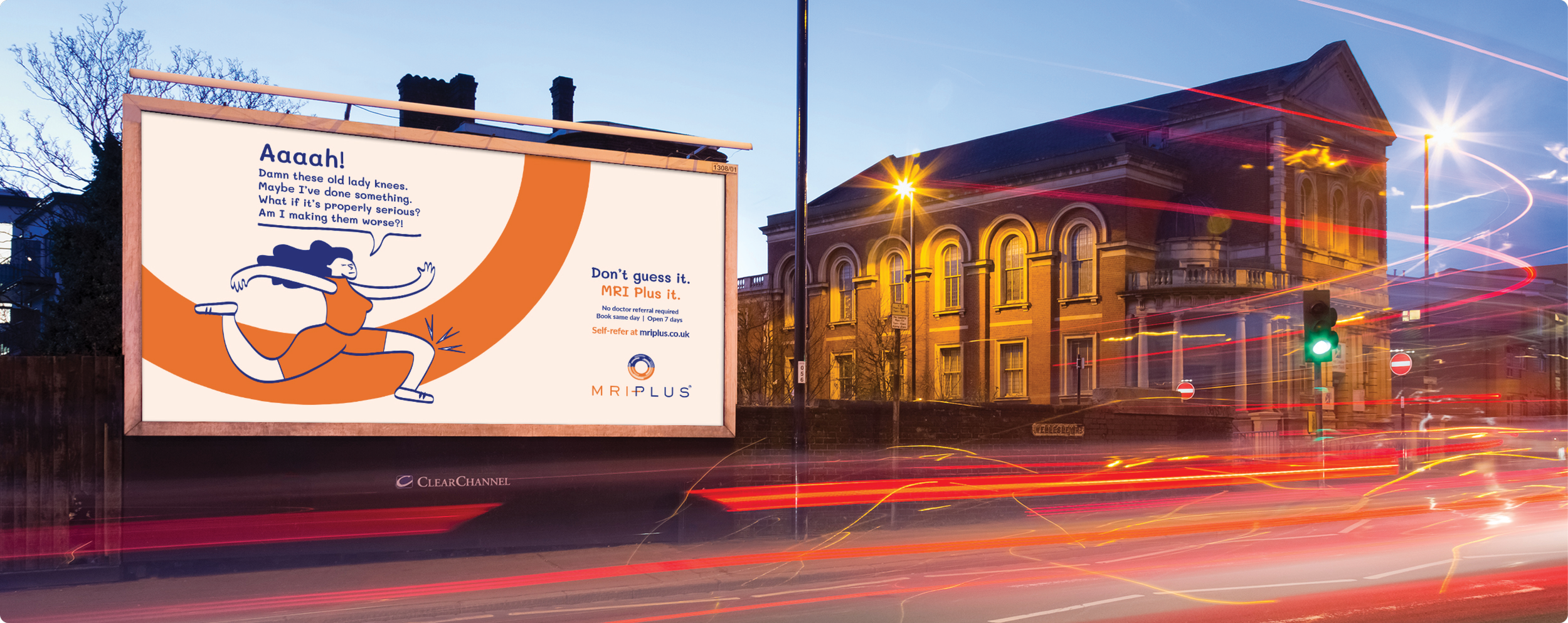 Billboard advertising MRI Plus, featuring a cartoon illustration of a woman running, with text encouraging self-referral for MRI scans, no doctor referral needed, open 7 days a week.