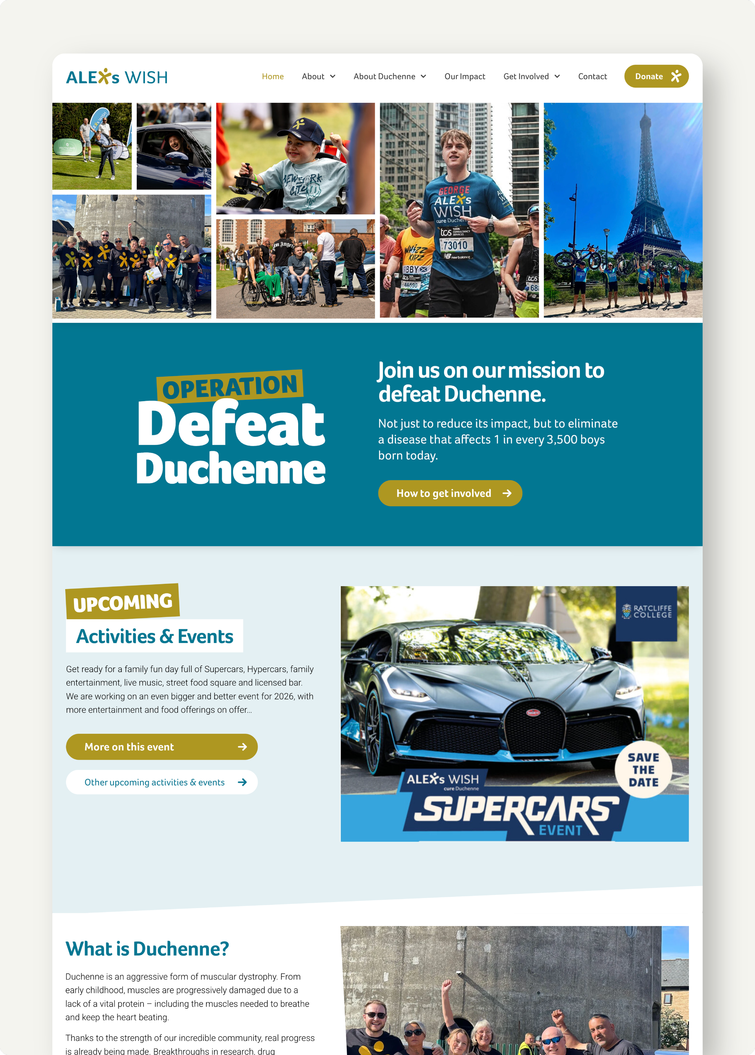 A webpage promoting 'Operation Defeat Duchenne,' with photos of fundraising events, community activities, and the Eiffel Tower in Paris, France, to support Duchenne muscular dystrophy research.