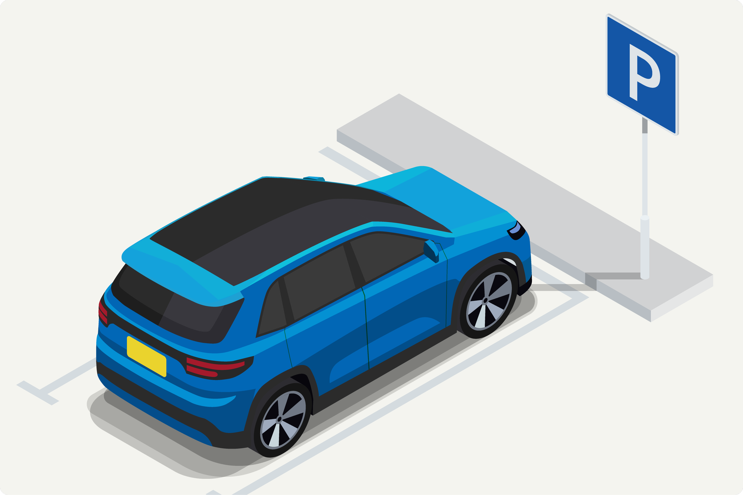 An illustration of a blue electric car parked in a designated parking spot with a parking lot sign nearby.