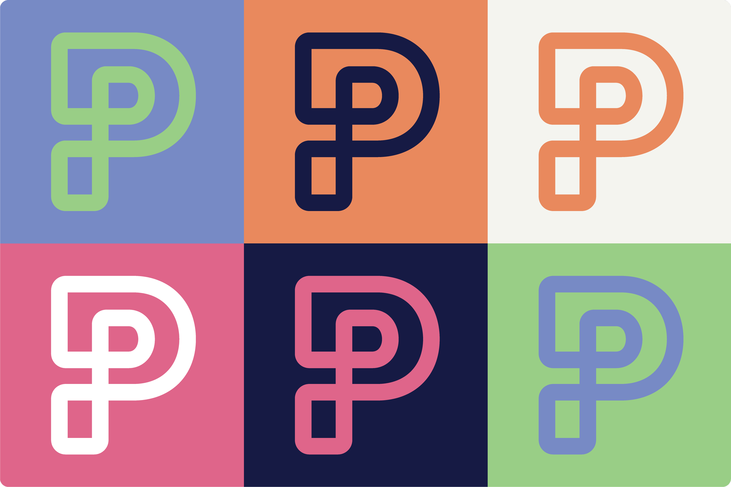 A colorful collage of six squares, each featuring a stylised letter 'P' in various colors and backgrounds.