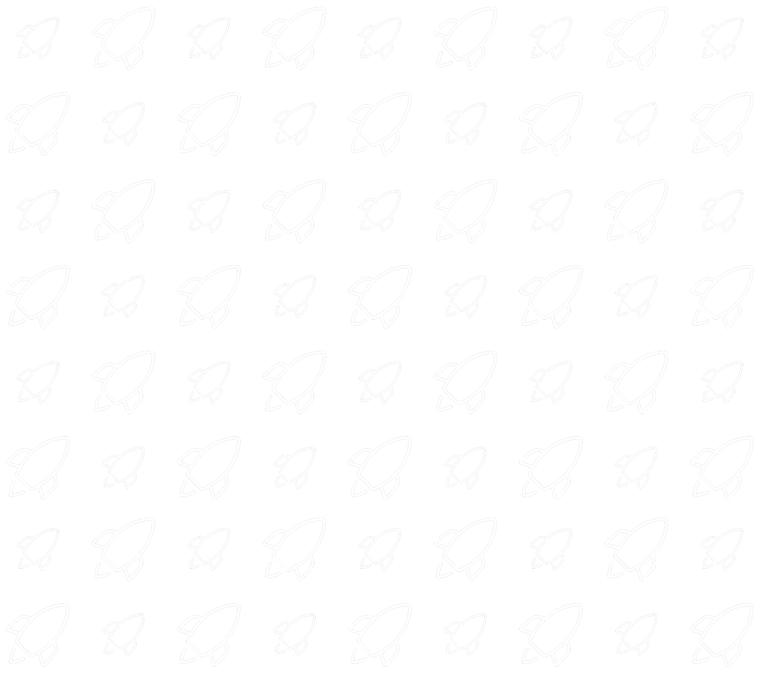 Pattern of white rocket ship icons on a black background illustrating product or business launch.