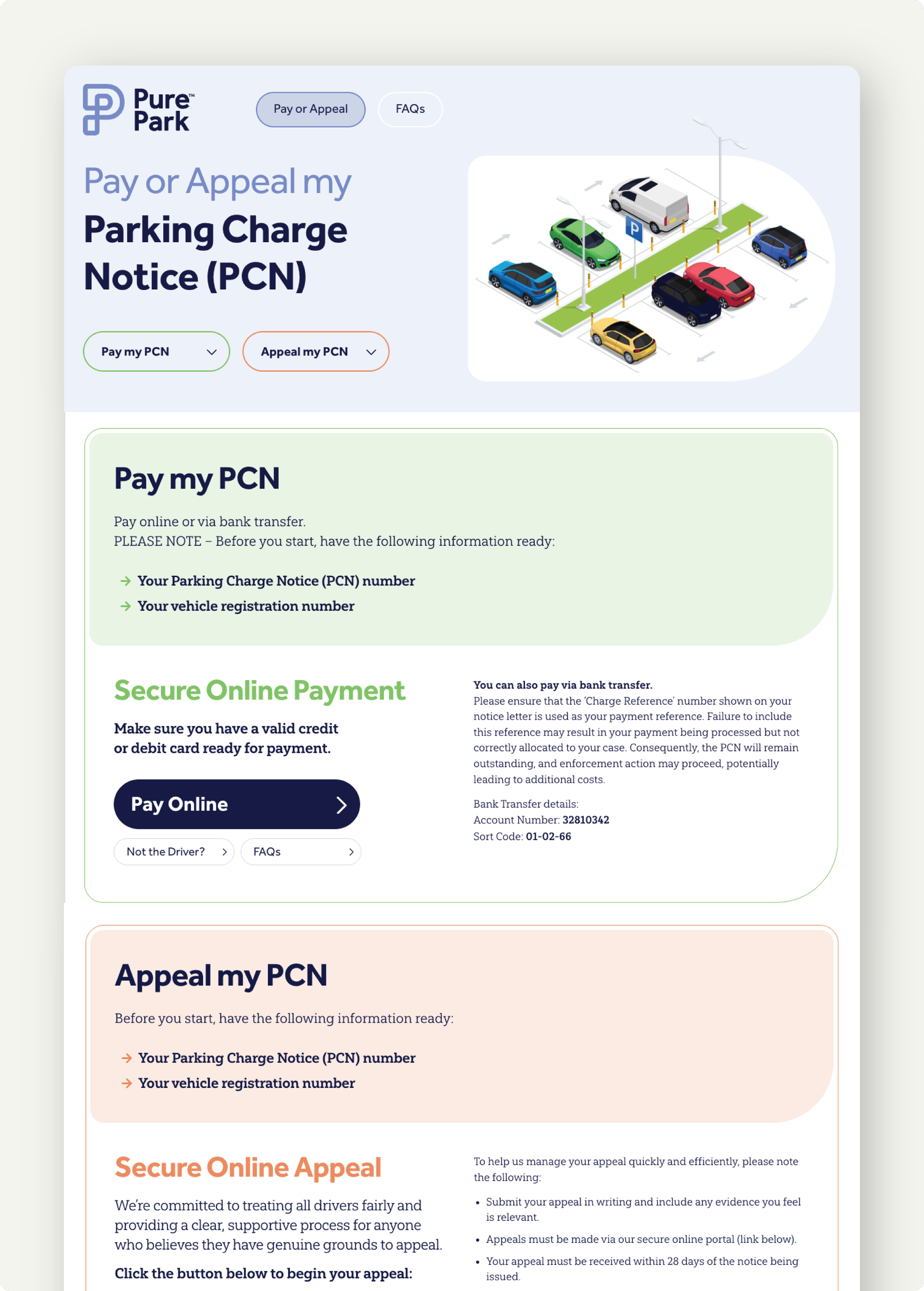 Screenshot of a website page titled "Pay or Appeal my Parking Charge Notice (PCN)" with a colorful isometric illustration of a parking lot containing several cars, a parking meter, and a sign, next to the text that provides options to pay or appeal a parking ticket.