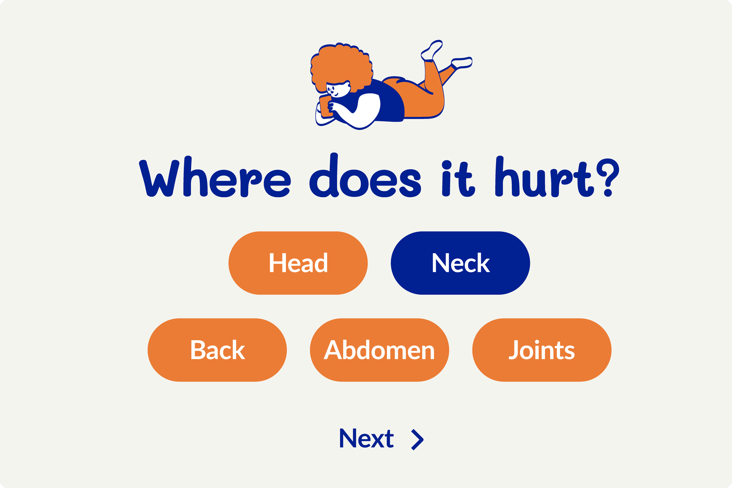 A person with curly hair lying on their stomach, holding a smartphone, with the question 'Where does it hurt?' and answer options including Head, Neck, Back, Abdomen, and Joints.