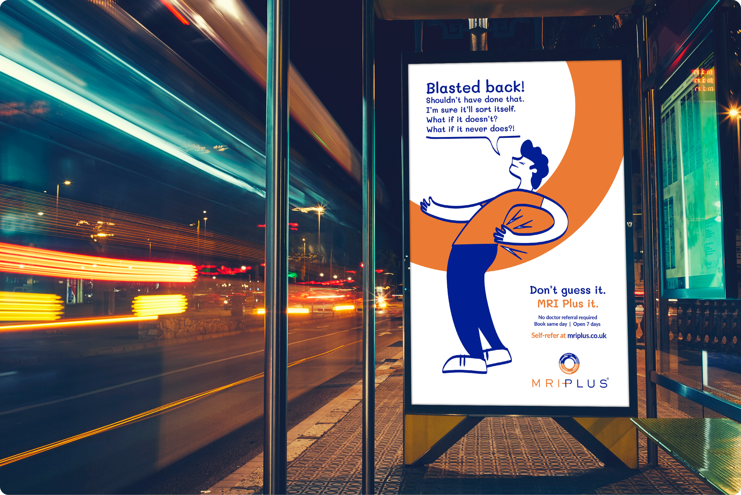 A bus stop shelter with a digital billboard advertisement promoting MRI scans, featuring a cartoon man with his hand on his back, with light trails from passing vehicles in the background.