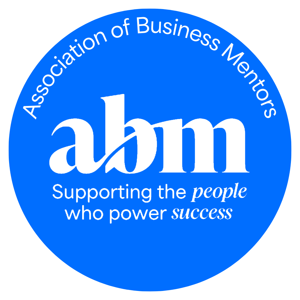 Blue circular logo for the Association of Business Mentors, featuring white text and the phrase "Supporting the people who power success".