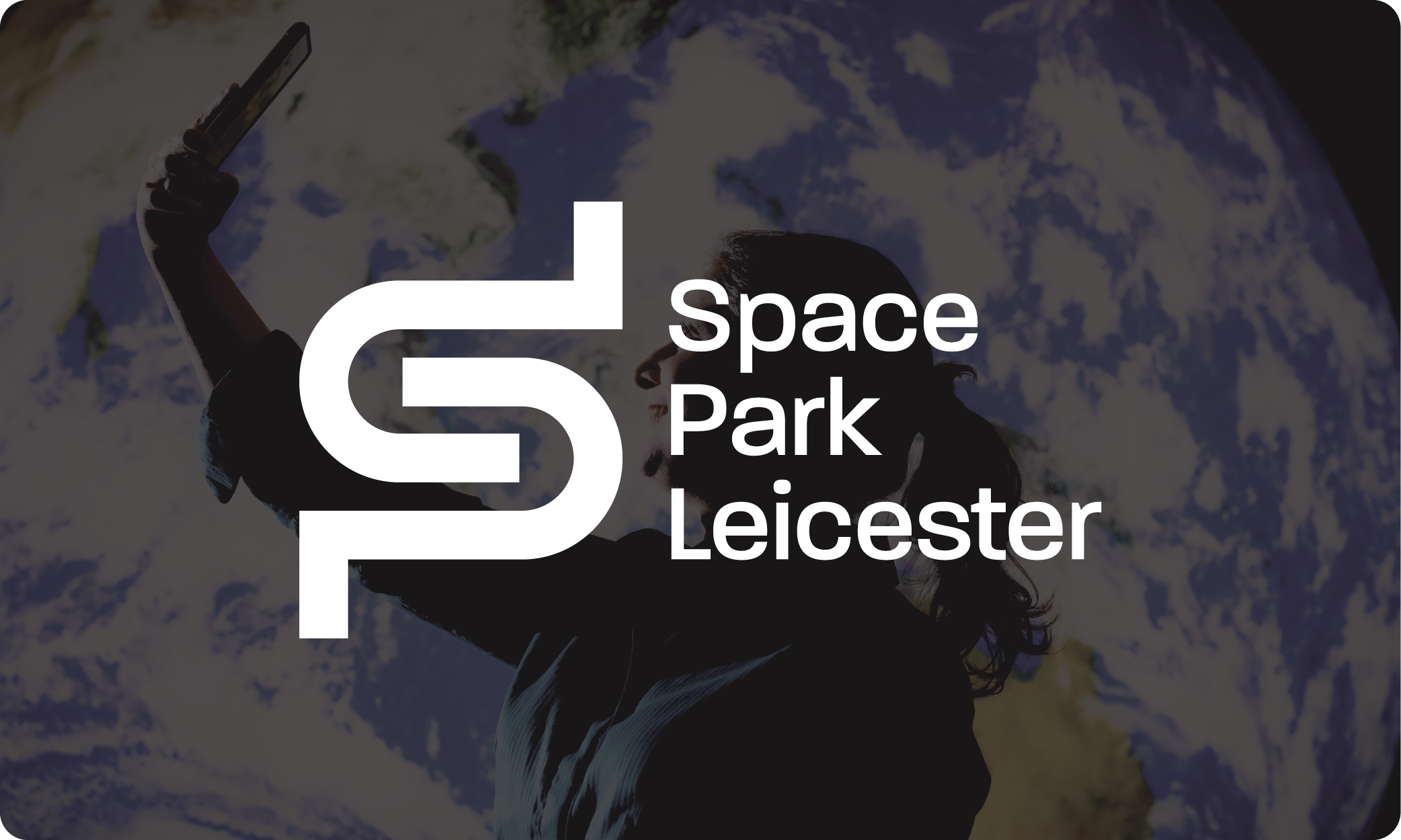 Graphic of a woman taking a selfie with Earth in the background. Overlaid text says 'Space Park Leicester' in logo form.