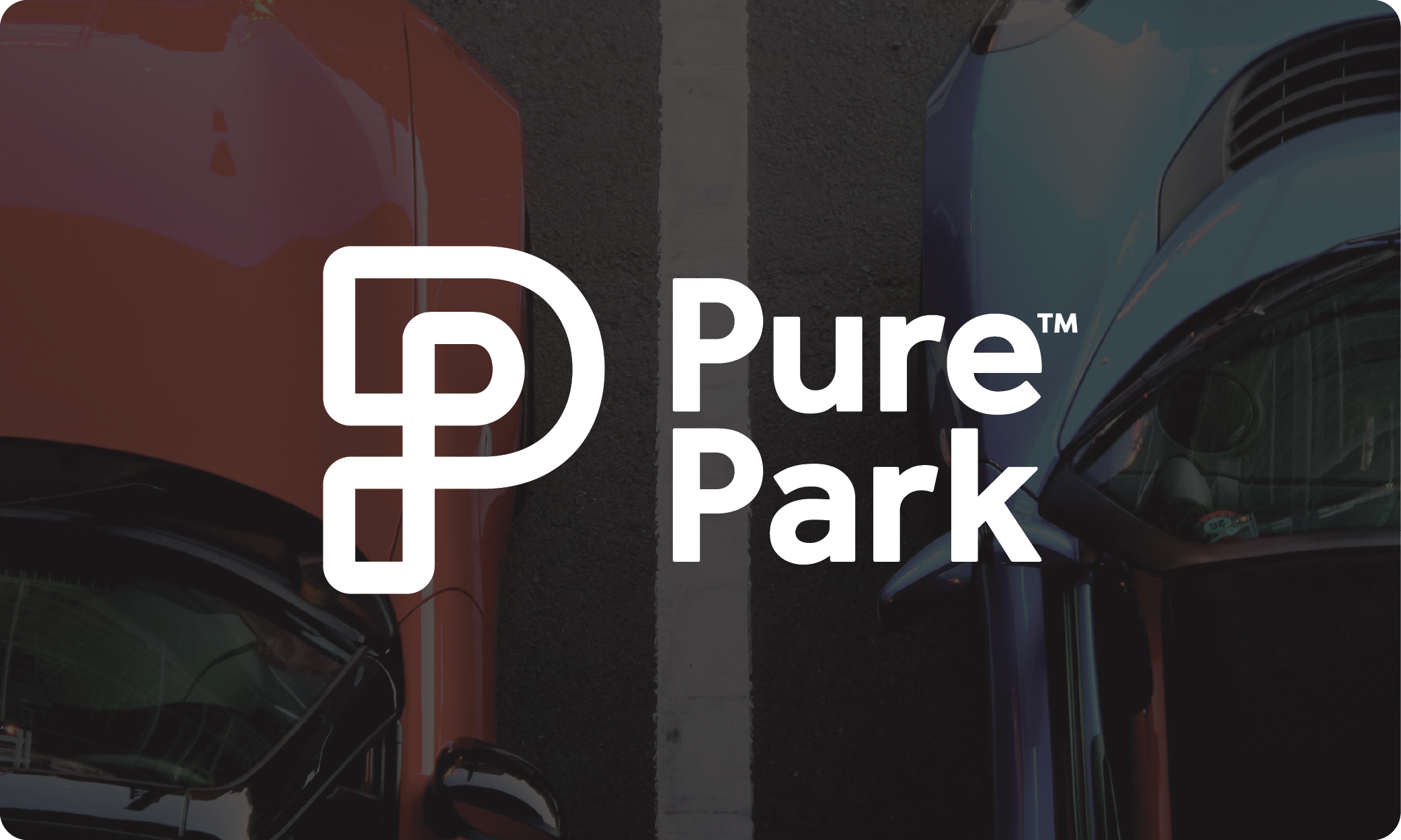 A parking lot with two parked cars, one orange and one blue, separated by a white parking space line. Overlaid text says 'Pure Park' in logo form.