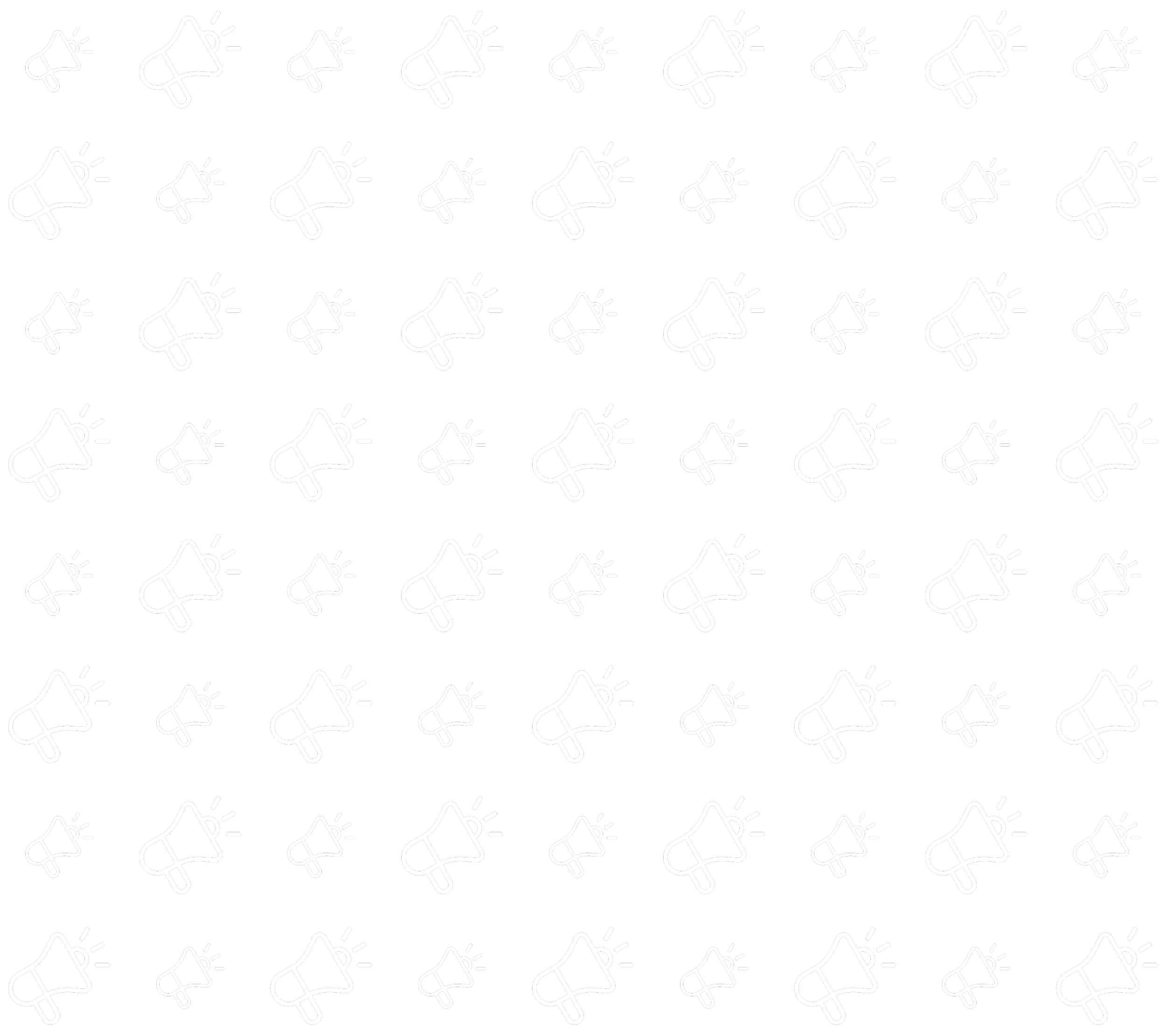 Repeated white outline illustrations of a loudspeaker icon on a black background illustrating loud and clear communication.