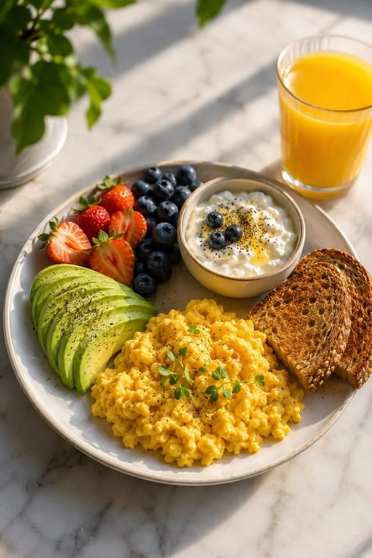 Piatto da colazione con uova strapazzate, avocado a fette, fragole, mirtilli, yogurt con mirtilli, pane integrale tostato, un bicchiere di succo d'arancia e una pianta verde in sfondo.