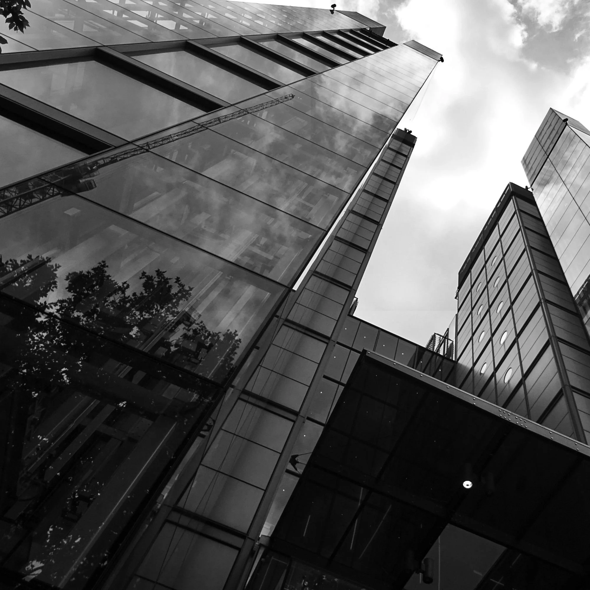 Low-angle black-and-white photograph of modern glass skyscrapers with reflections of the sky and clouds, trees in the foreground, and construction crane reflected on the building surfaces.