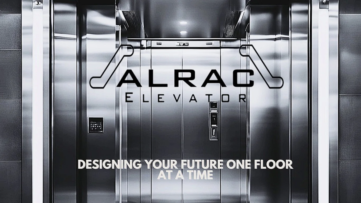 A modern elevator with a metallic surface, displaying the words 'ALRAC ELEVATOR' and the slogan 'Designing your future one floor at a time' on the front.
