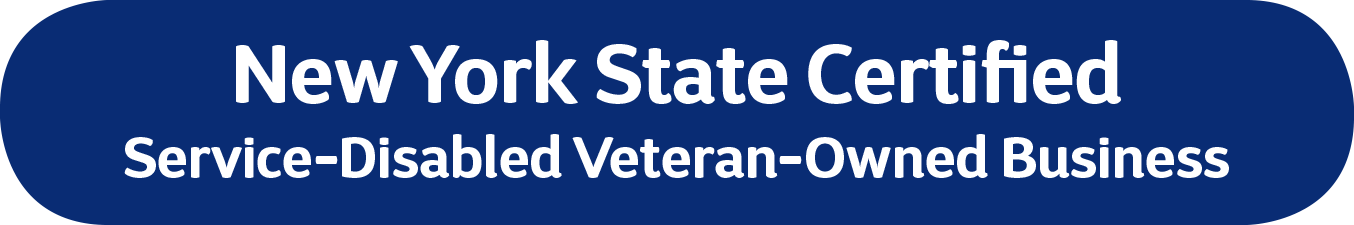Blue badge with white text that reads: 'New York State Certified Service-Disabled Veteran-Owned Business'.