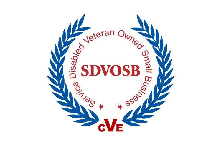 Logo with blue laurel leaves, red text, and stars representing the Disabled Veteran Owned Small Business (SDVOSB) certification, including the certification types cVE.