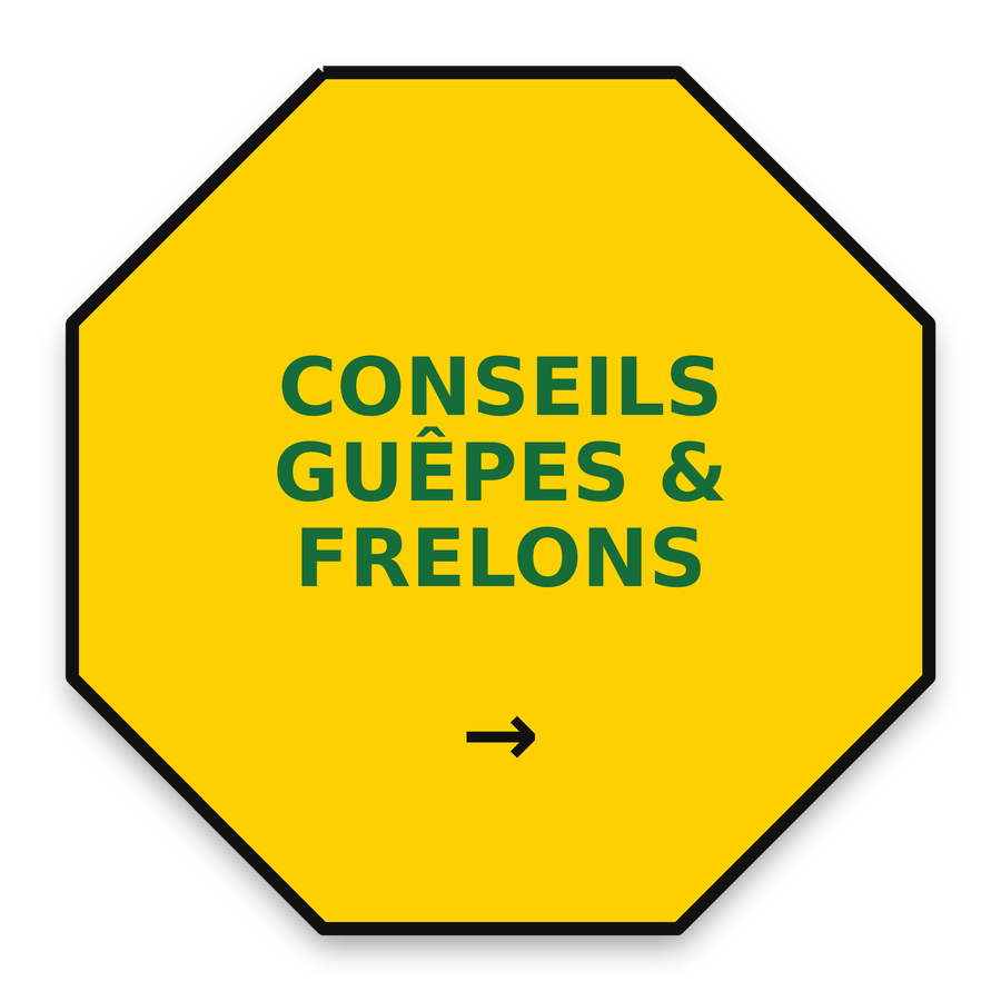 Panneau jaune en forme de stop indiquant « Conseils guêpes & frelons » avec une flèche vers la droite.