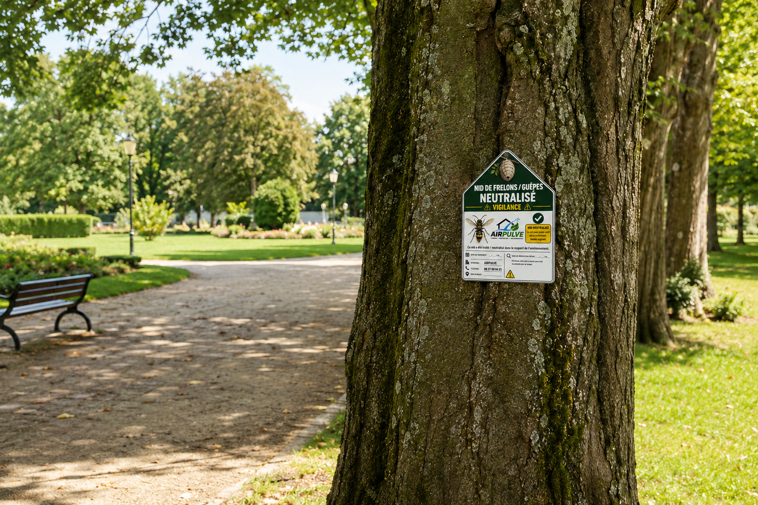 Pancarte AirPulve de vigilance installée sur un arbre après le traitement d’un nid de guêpes ou de frelons.