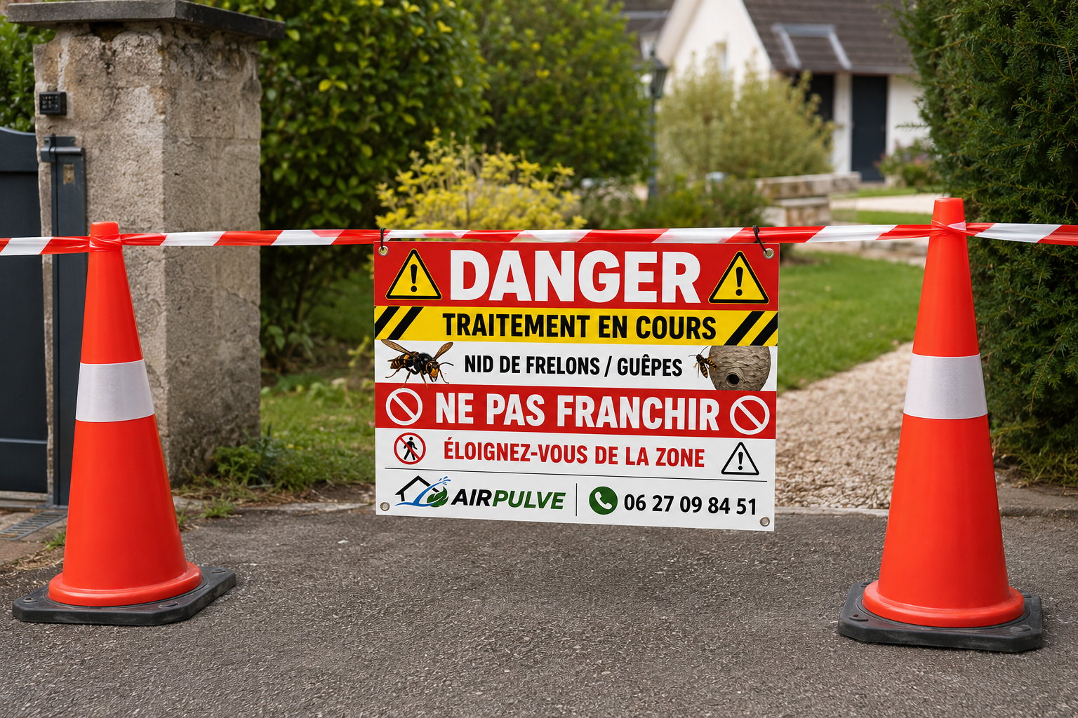 Installation d’un périmètre de sécurité AirPulve avant le traitement d’un nid de frelons ou de guêpes.