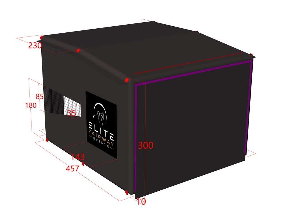 3D design plan of a black event shelter with dimensions labeled in centimeters, featuring a logo for Elite Airway Events on one side.