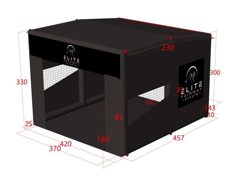 A 3D diagram of a black tent with dimensions, labeled 'Elite Fairway Events,' showing various measurements in centimeters.